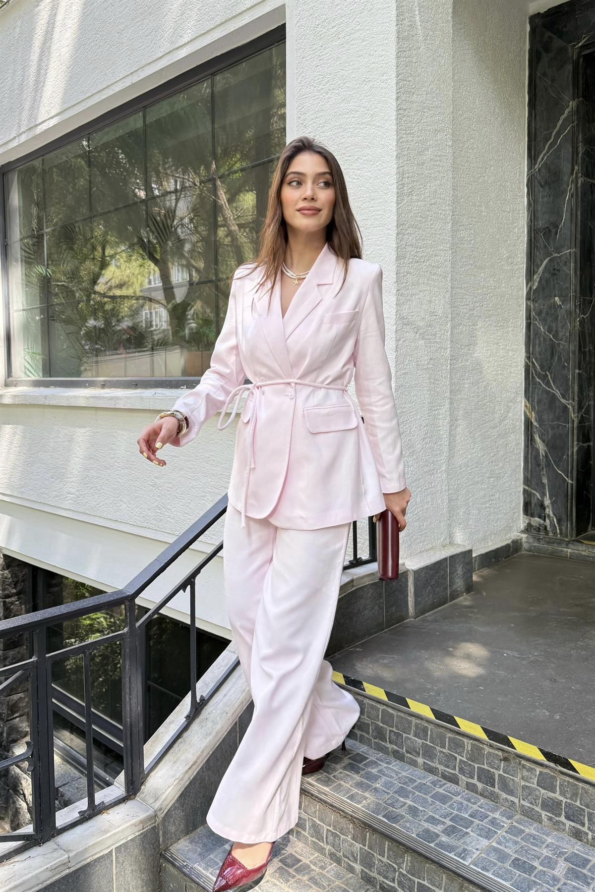 Kruvaze Yaka Düğmeli Ceket - PEMBE
