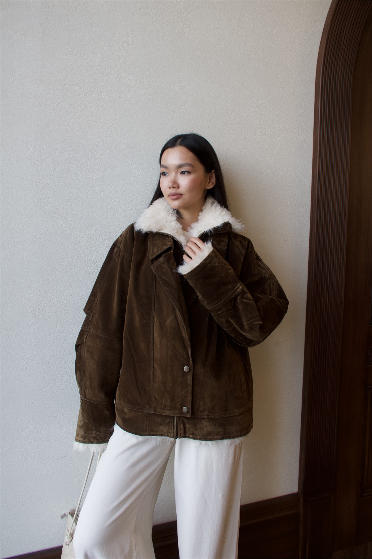 Kürk Yakalı Kadife Mont - KAHVE
