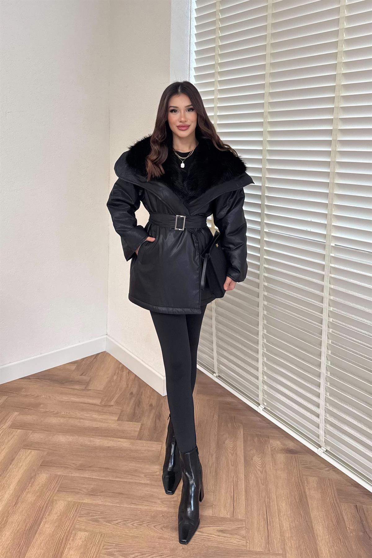 Kürk Yakalı Kuşaklı Mont - SİYAH