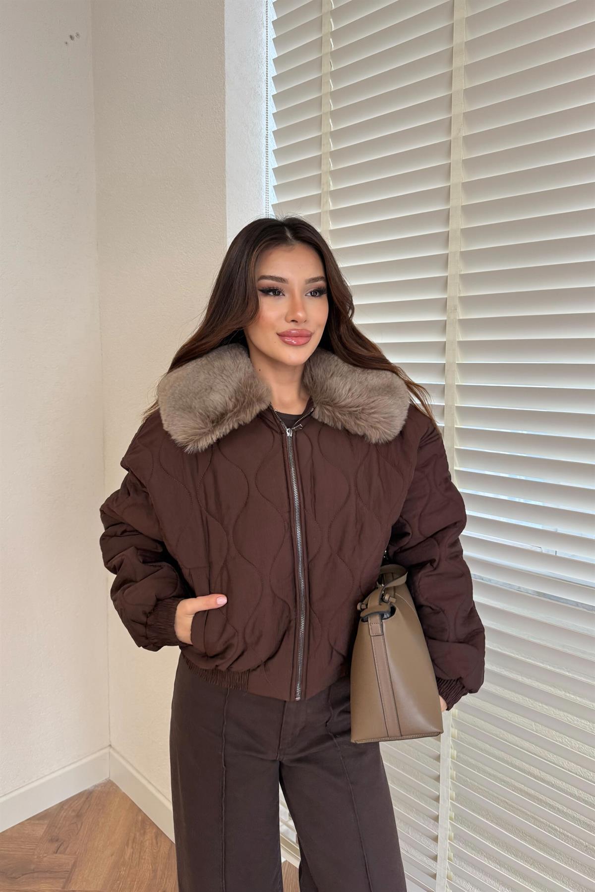 Kürklü Şişme Mont - KAHVERENGİ