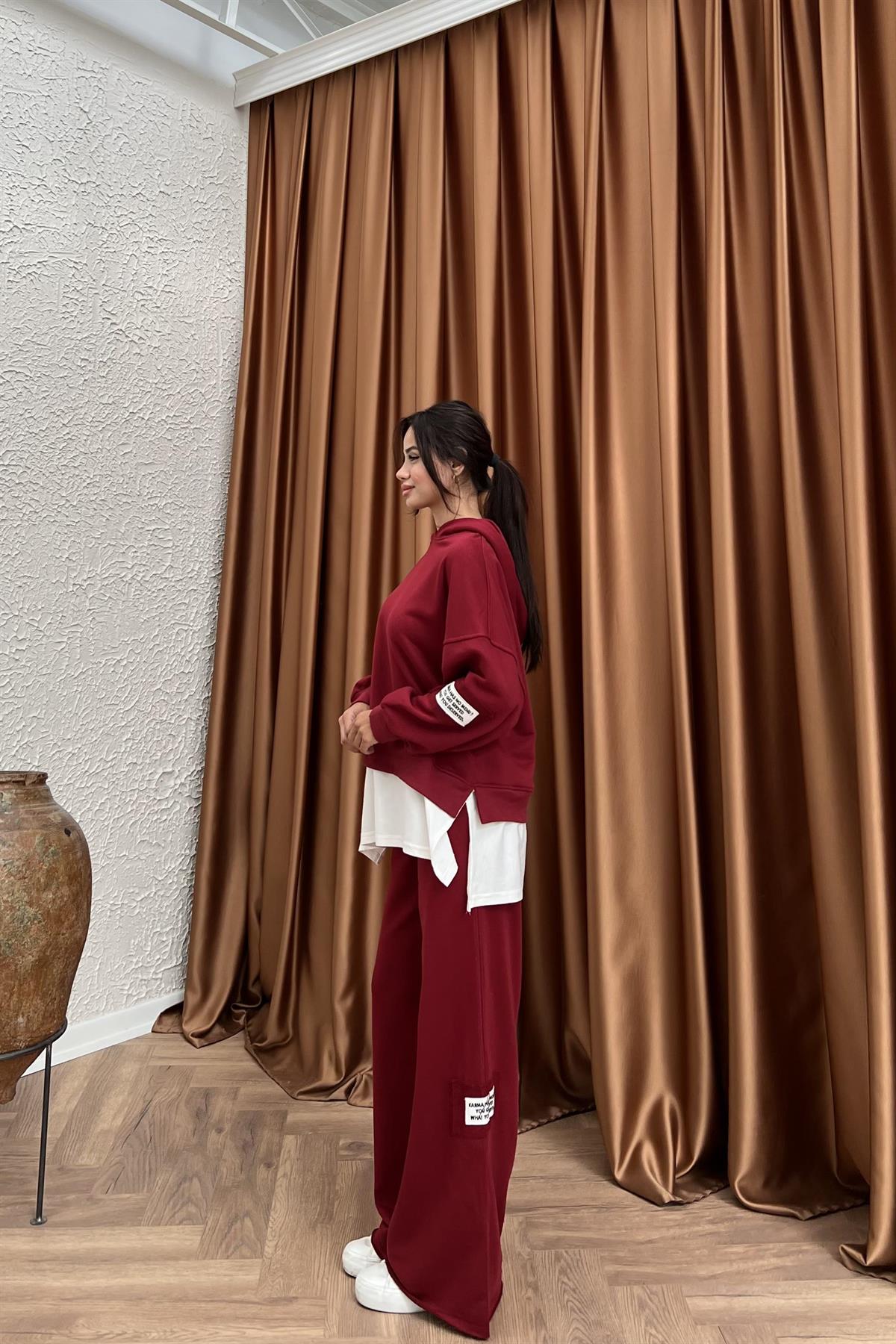 Kapüşonlu Pantolonlu Takım - BORDO