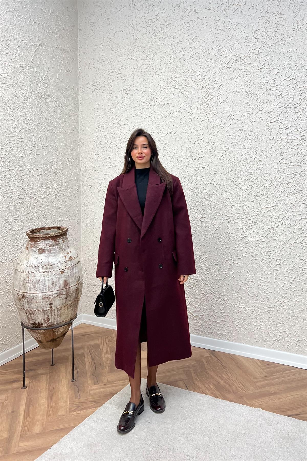 Kruvaze Yaka Uzun Kaban - BORDO