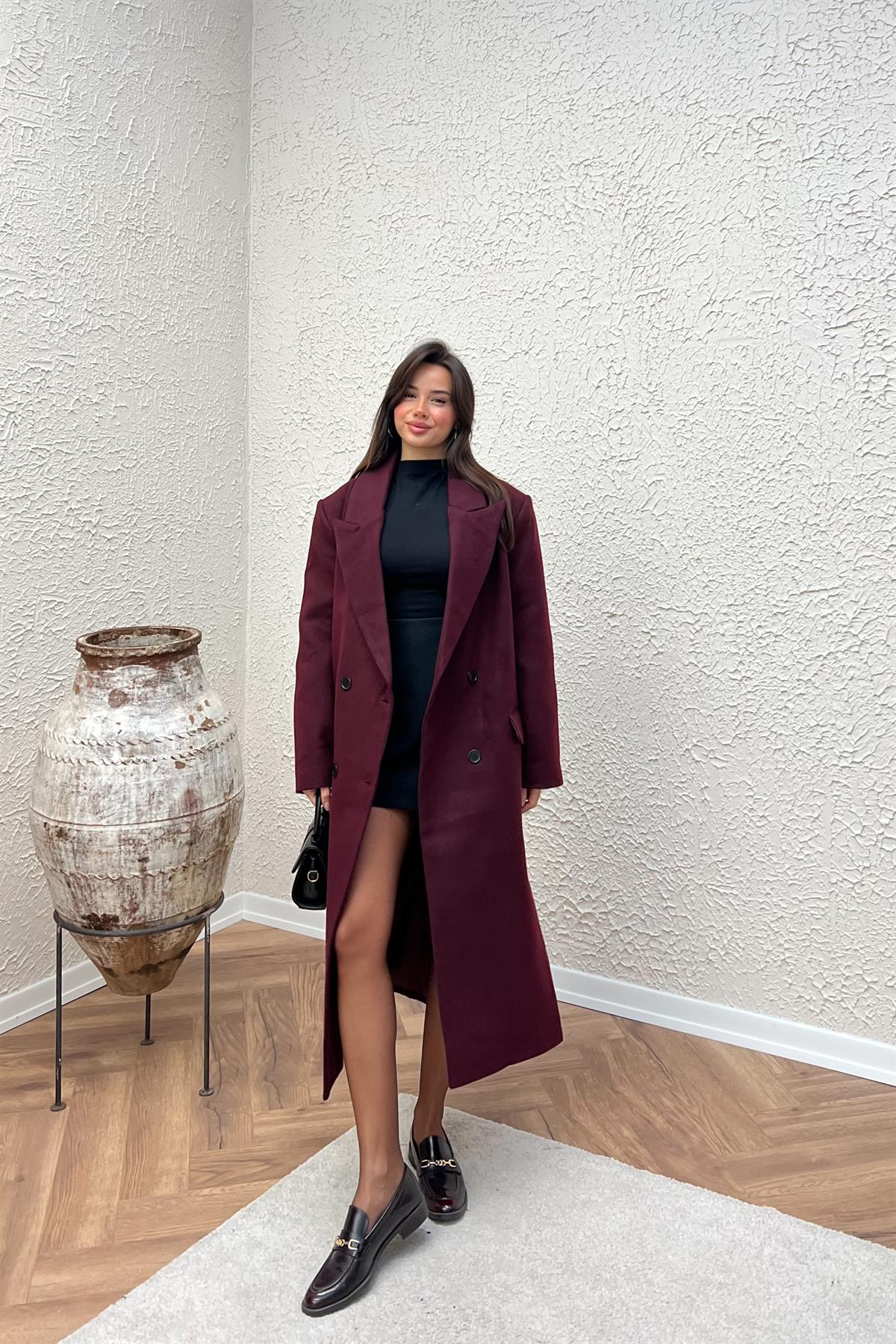 Kruvaze Yaka Uzun Kaban - BORDO