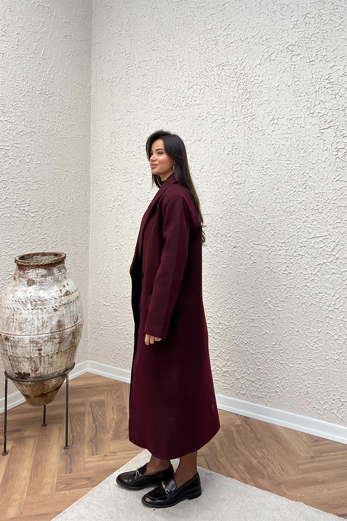 Kruvaze Yaka Uzun Kaban - BORDO