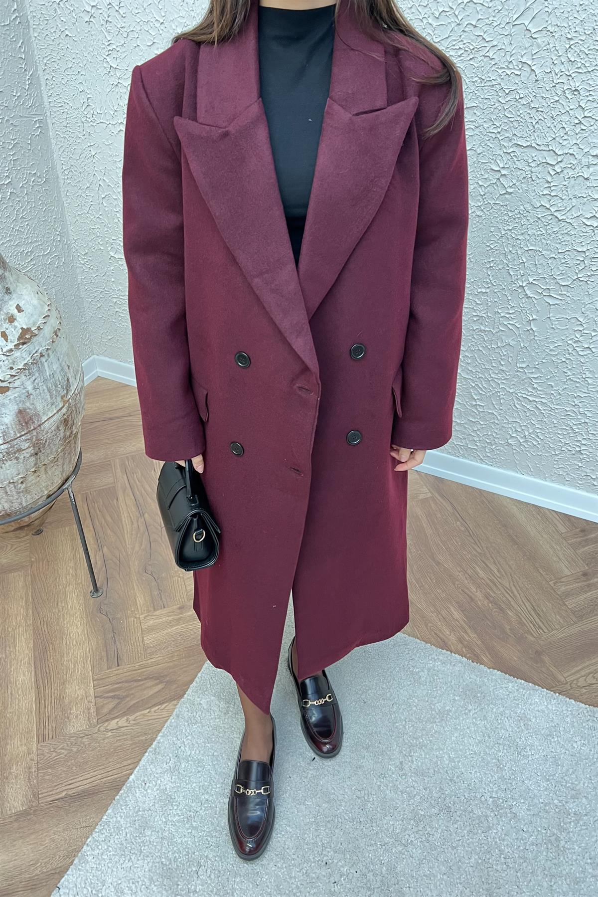 Kruvaze Yaka Uzun Kaban - BORDO