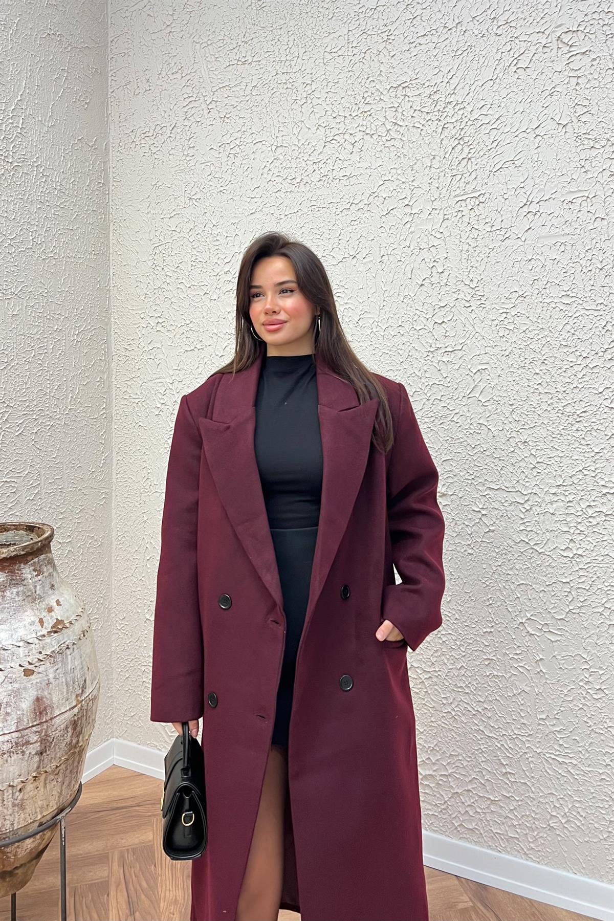 Kruvaze Yaka Uzun Kaban - BORDO