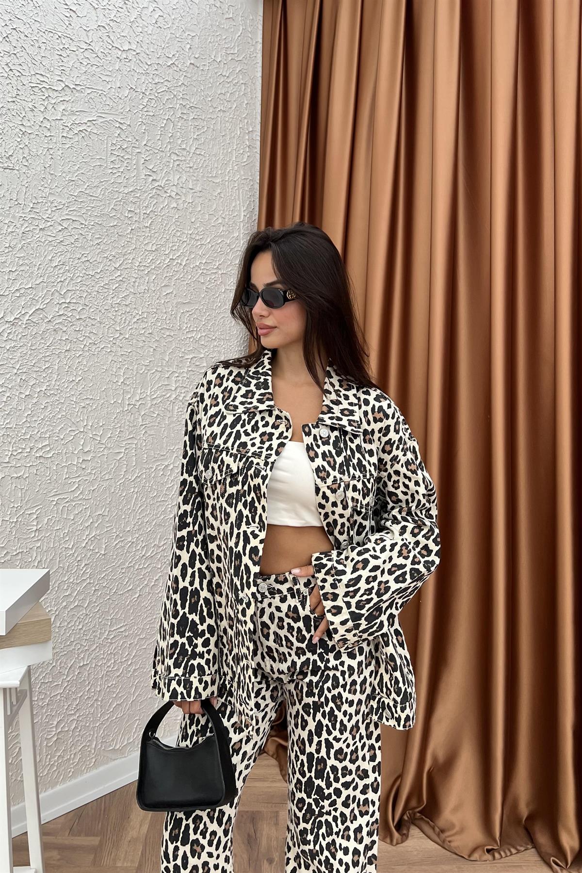 Leopar Desenlı Kot Ceket - BEJ
