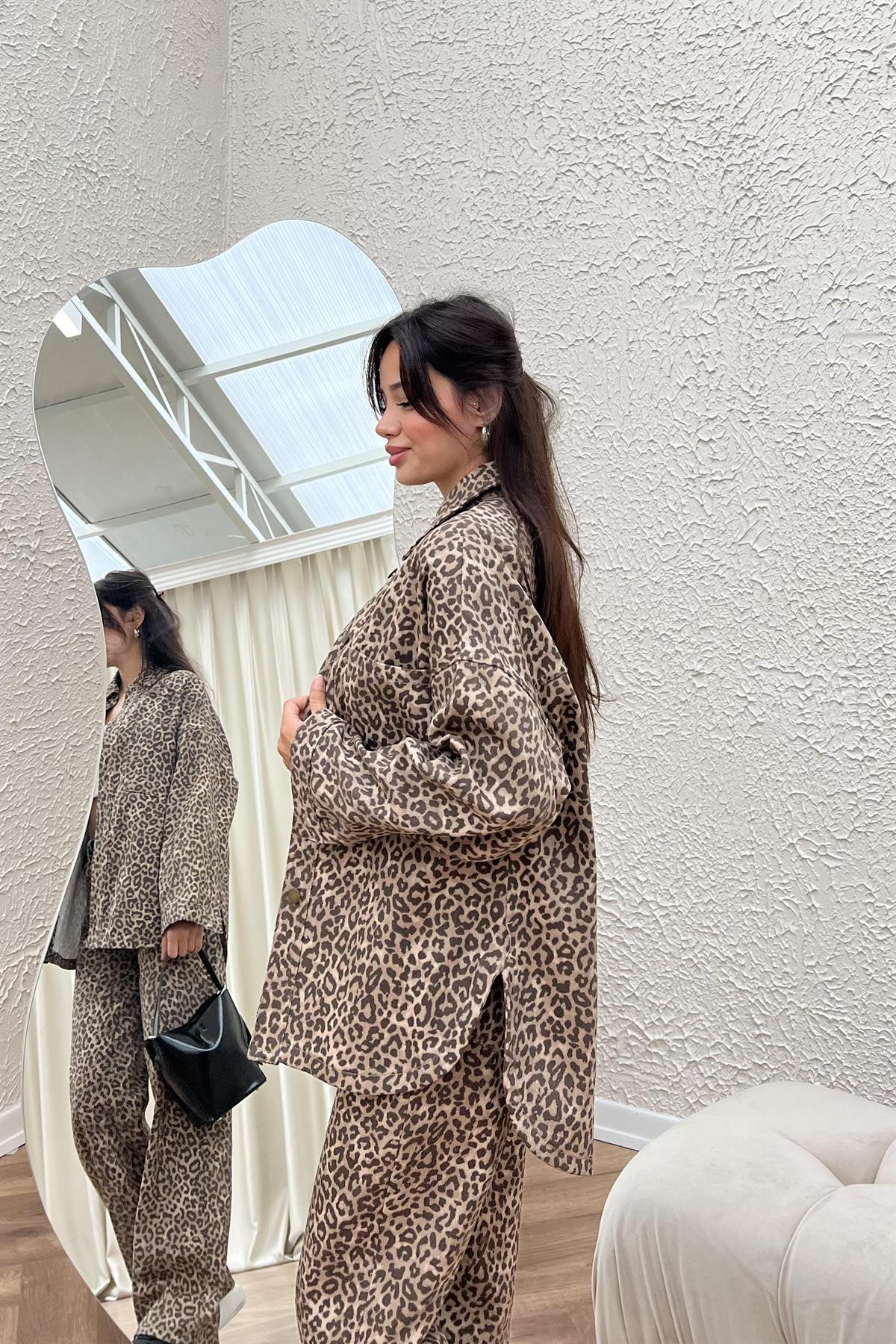 Leopar Desenli Pantolonlu Takım - KAHVERENGİ