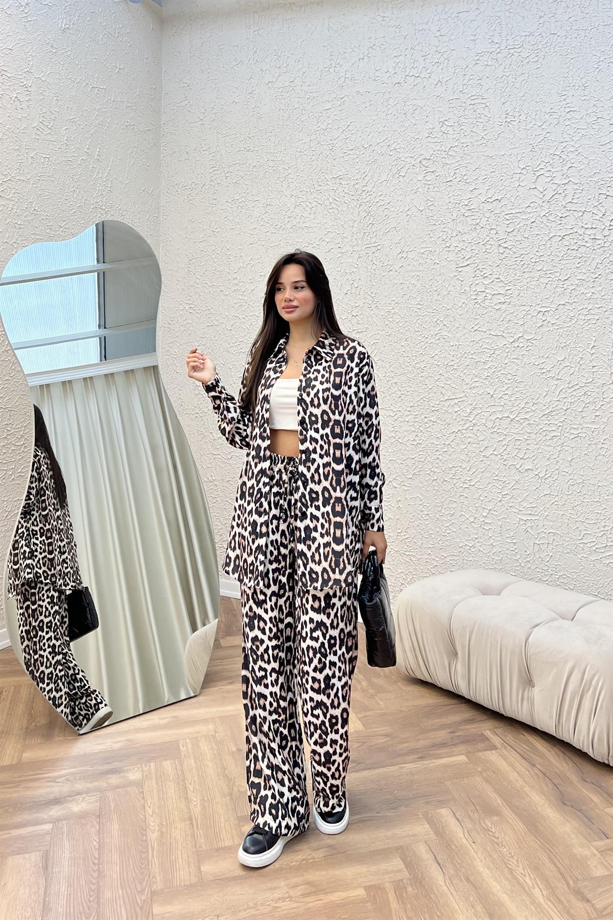 Leopar Desenli İkili Takım - KAHVERENGİ