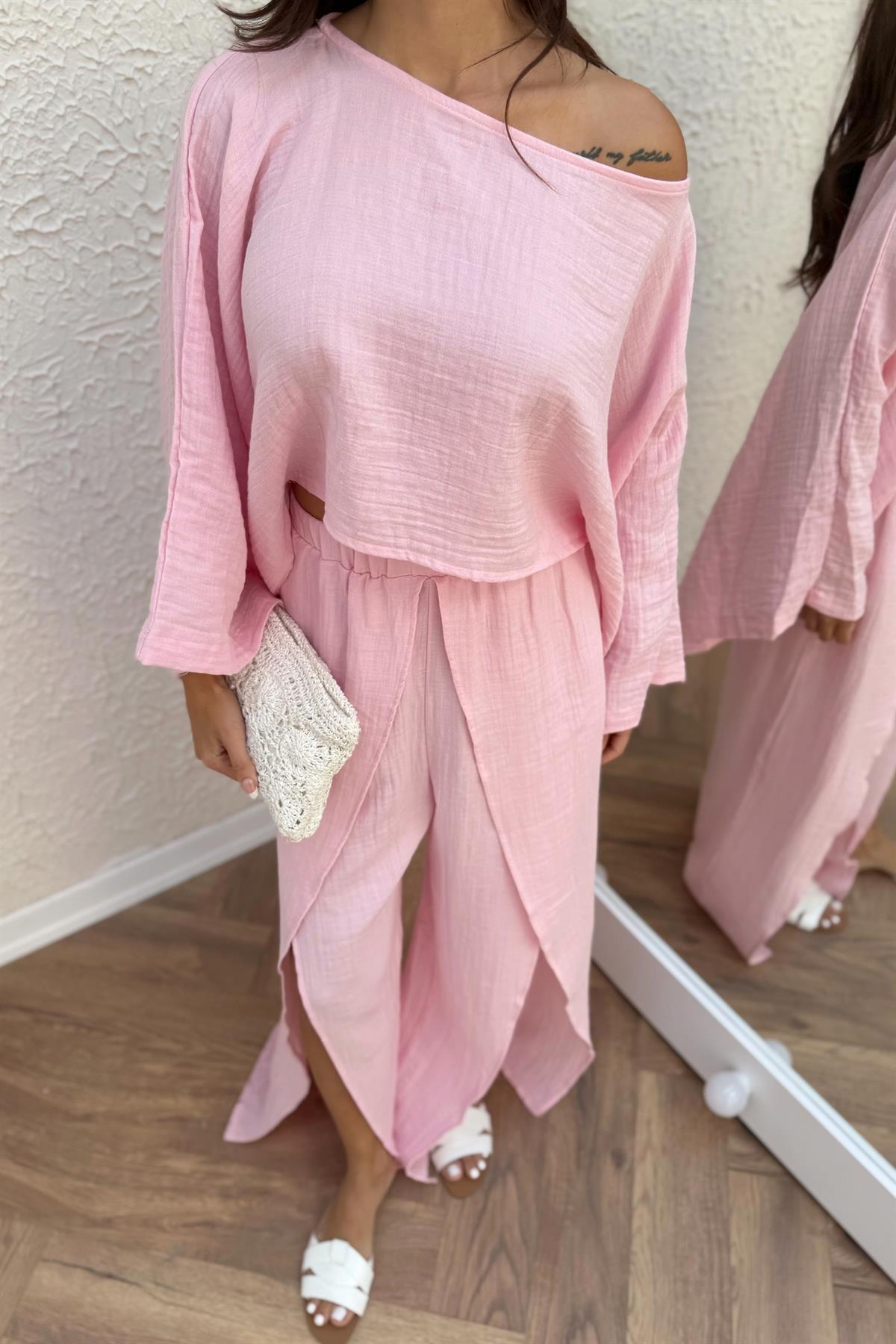 Müslin Bluz Pantolon Takım - PEMBE