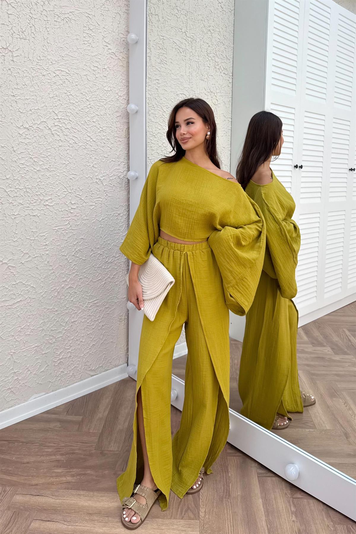 Müslin Bluz Pantolon Takım - YAĞ YEŞİLİ