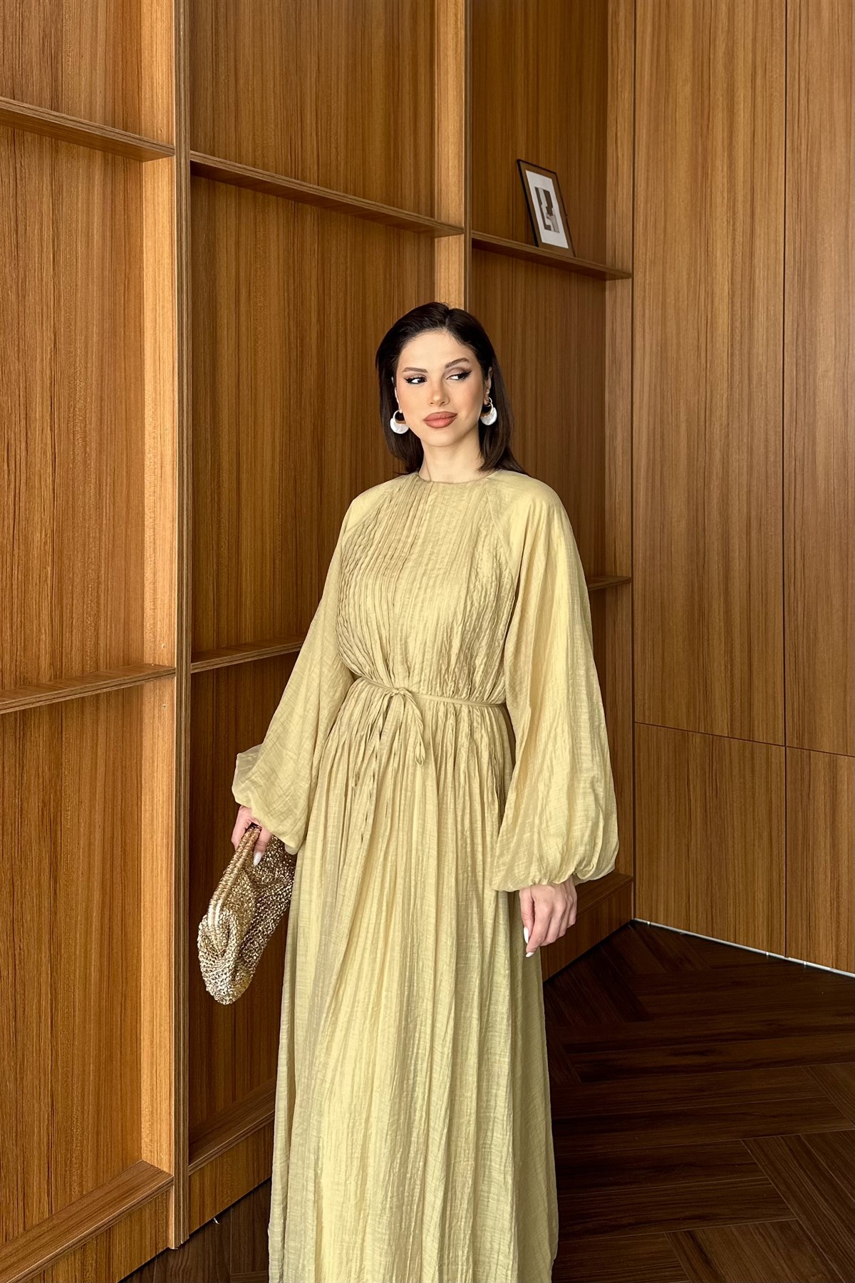 Nervürlü Vual Elbise - HAKİ