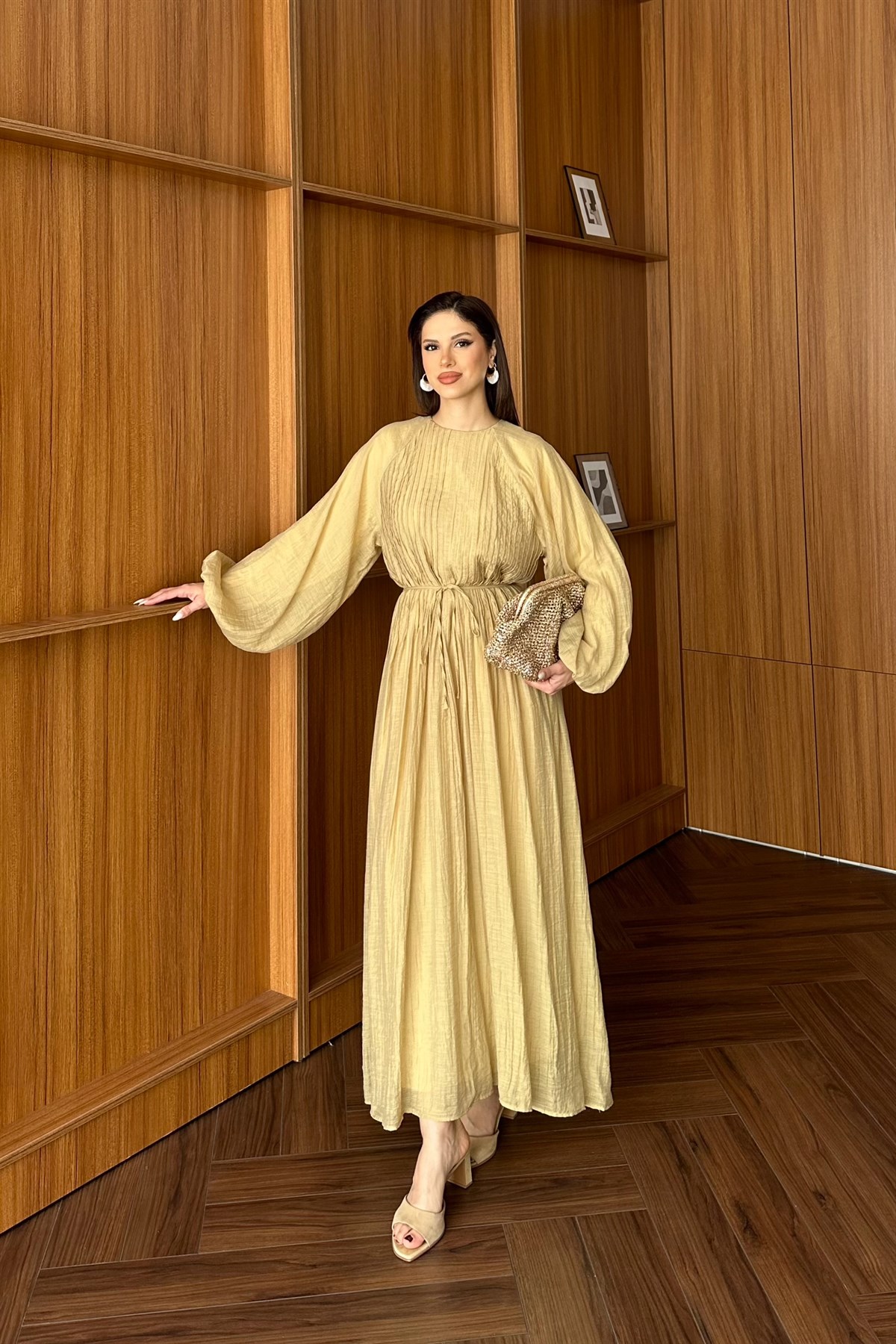 Nervürlü Vual Elbise - HAKİ