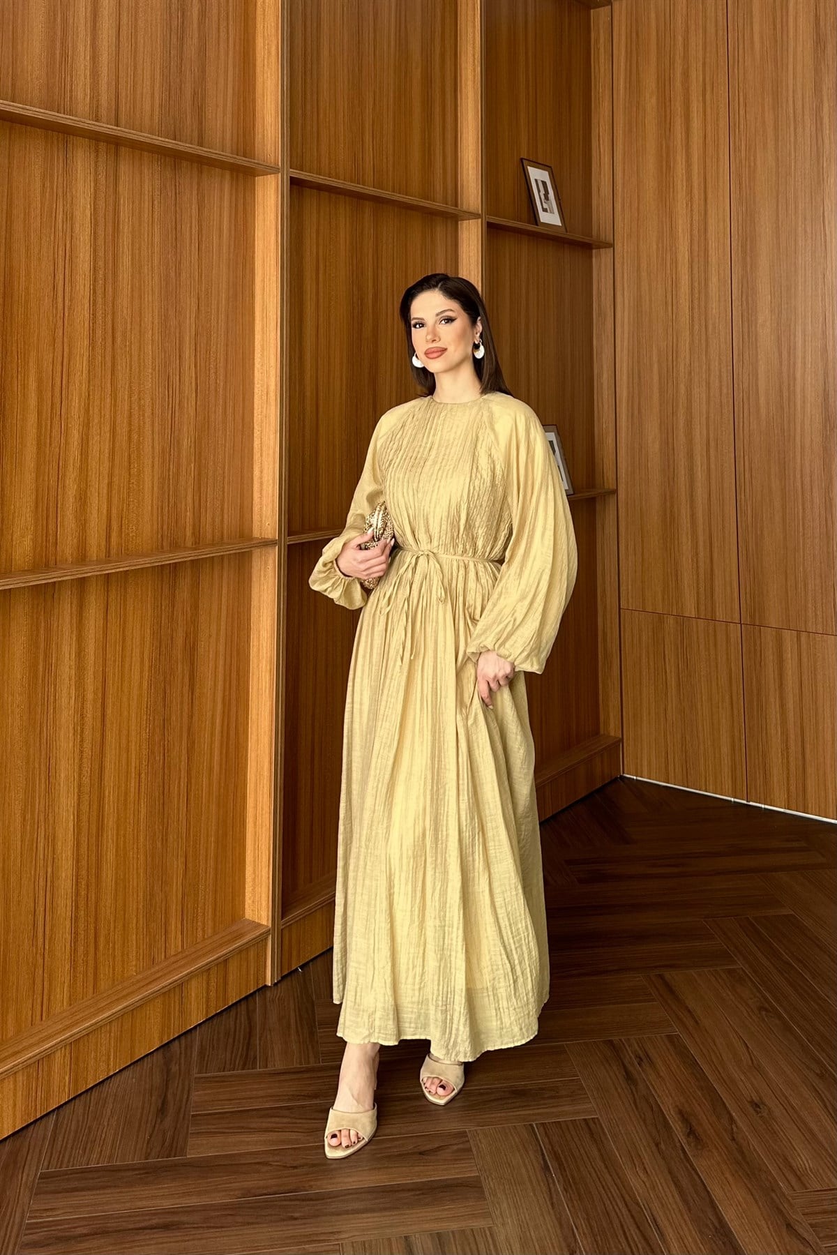 Nervürlü Vual Elbise - HAKİ