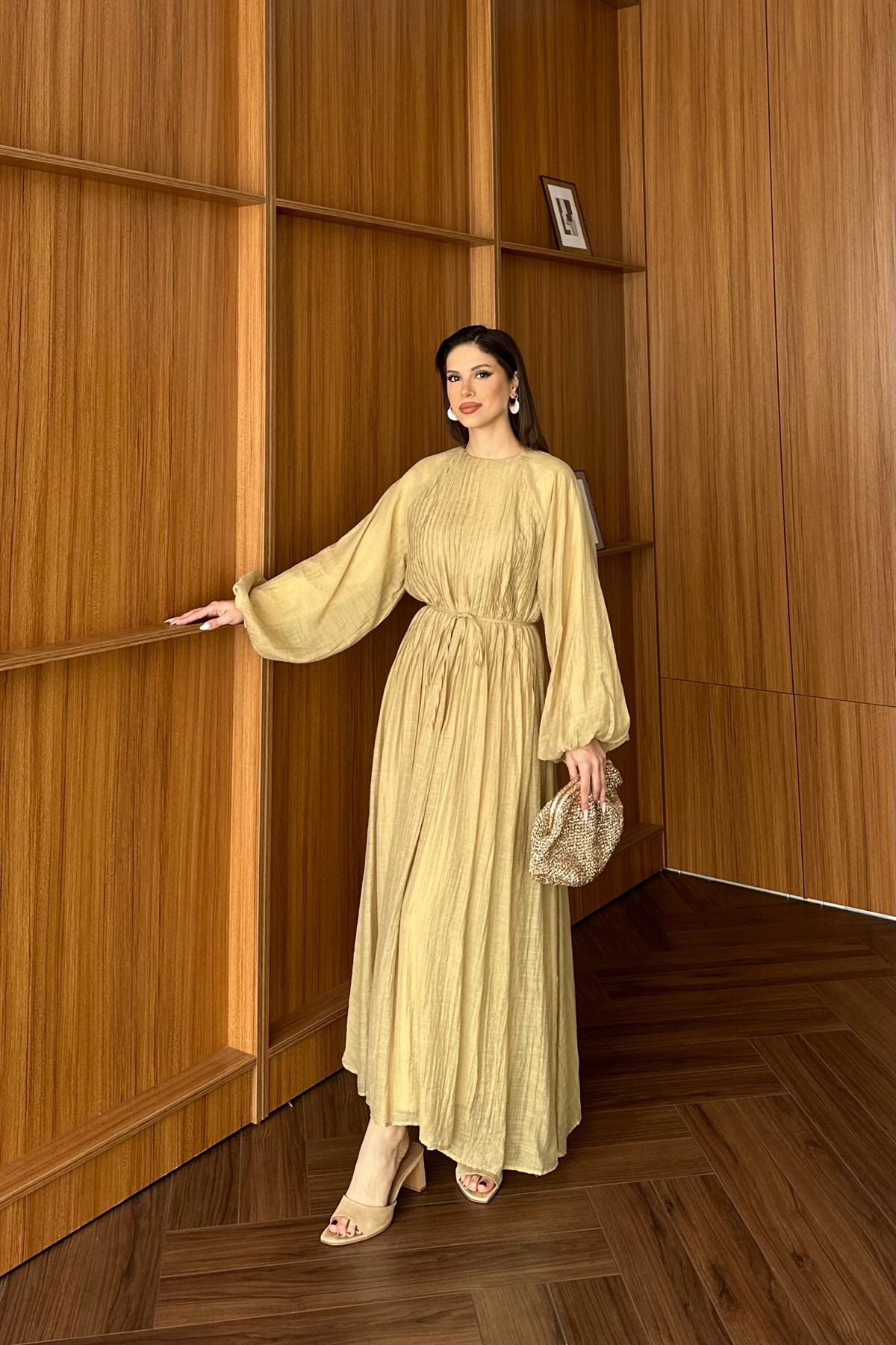 Nervürlü Vual Elbise - HAKİ