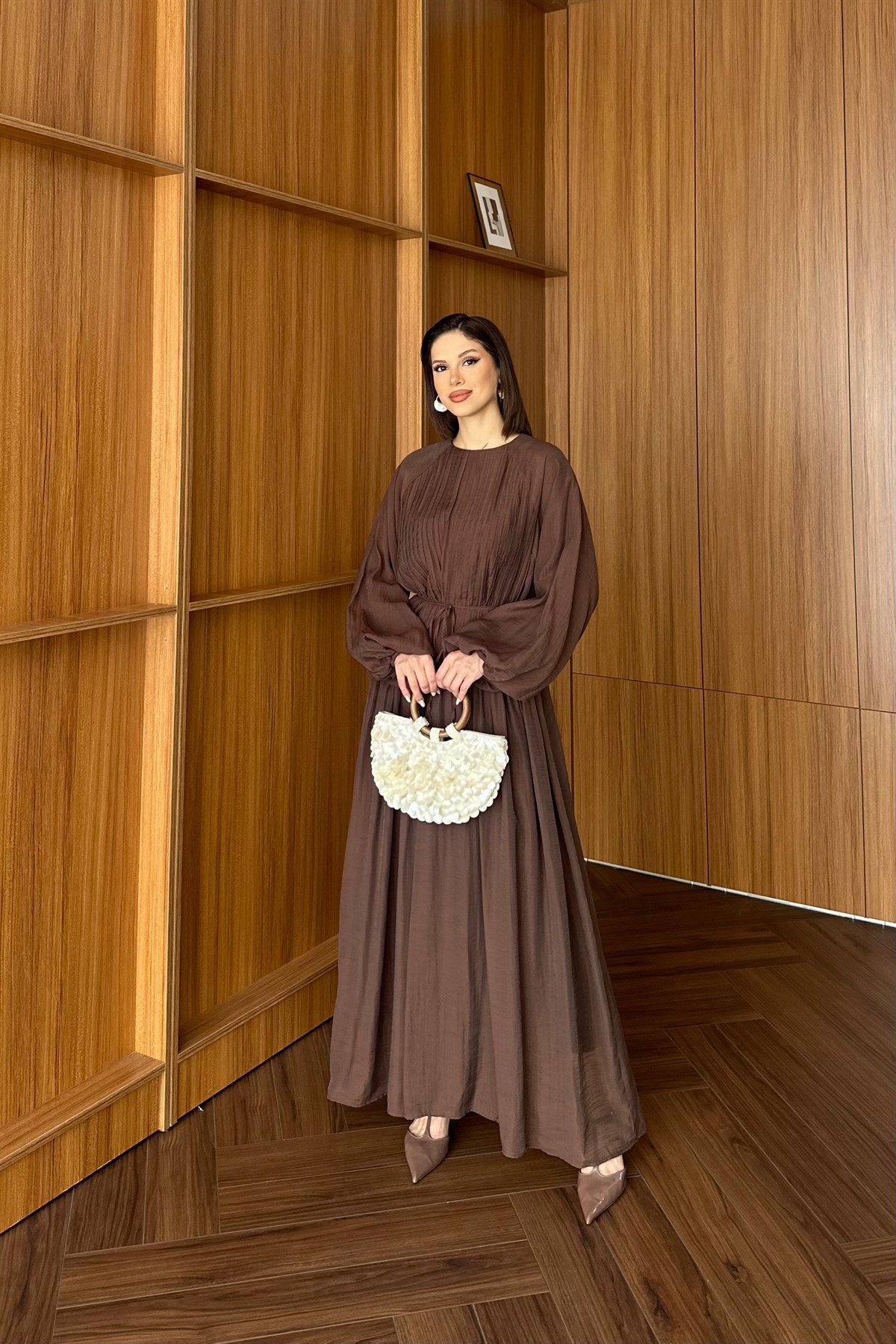 Nervürlü Vual Elbise - KAHVE