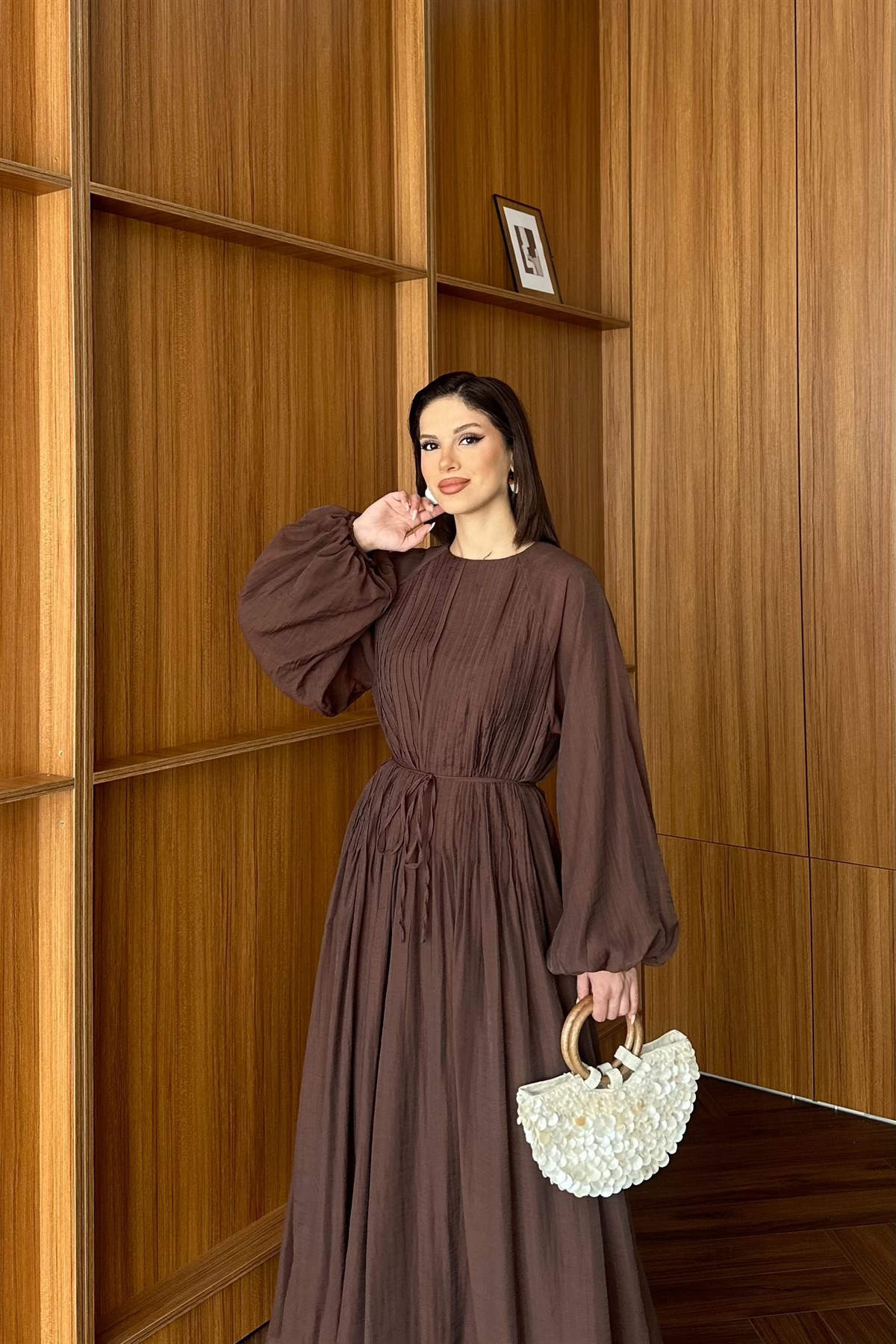 Nervürlü Vual Elbise - KAHVE