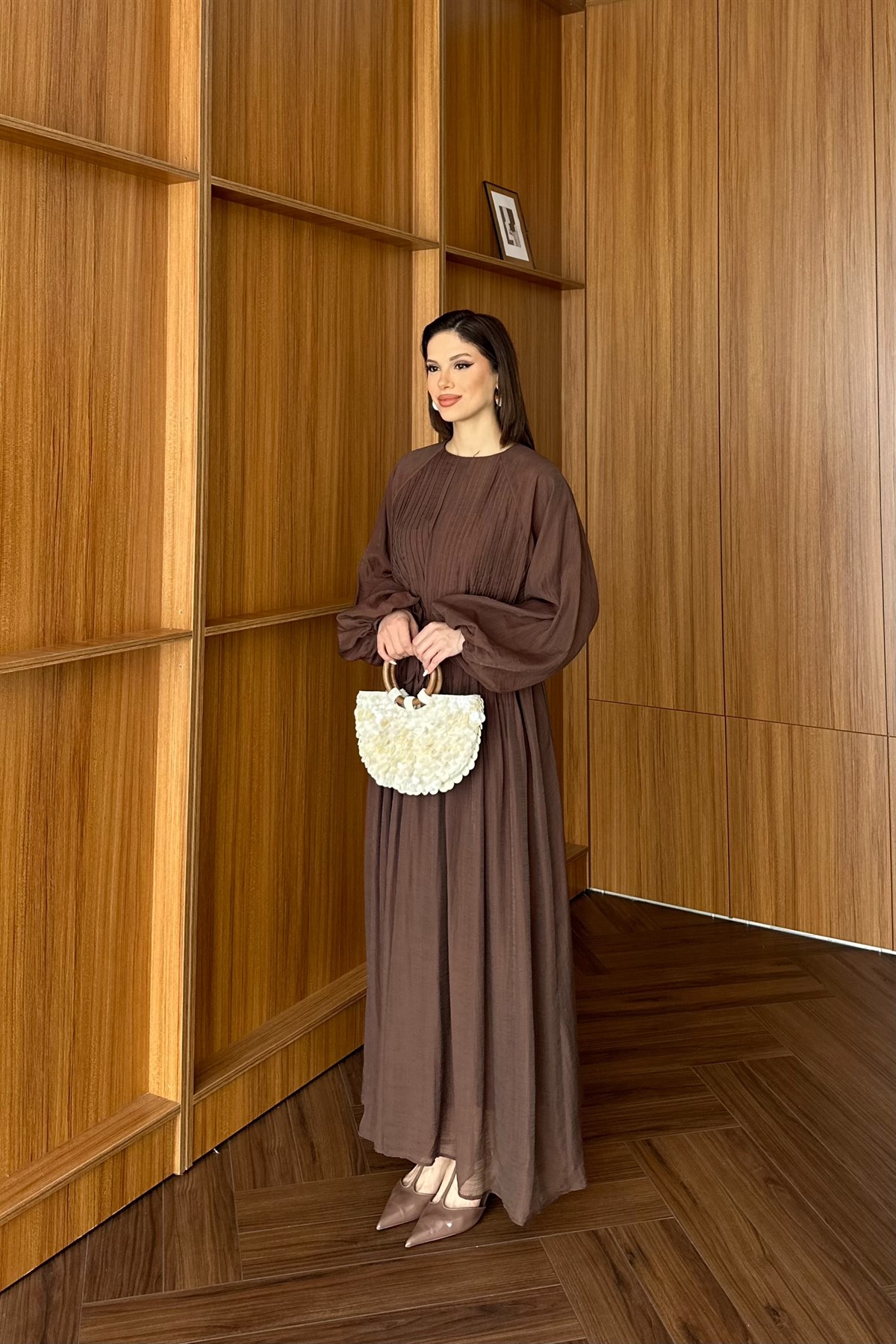 Nervürlü Vual Elbise - KAHVE