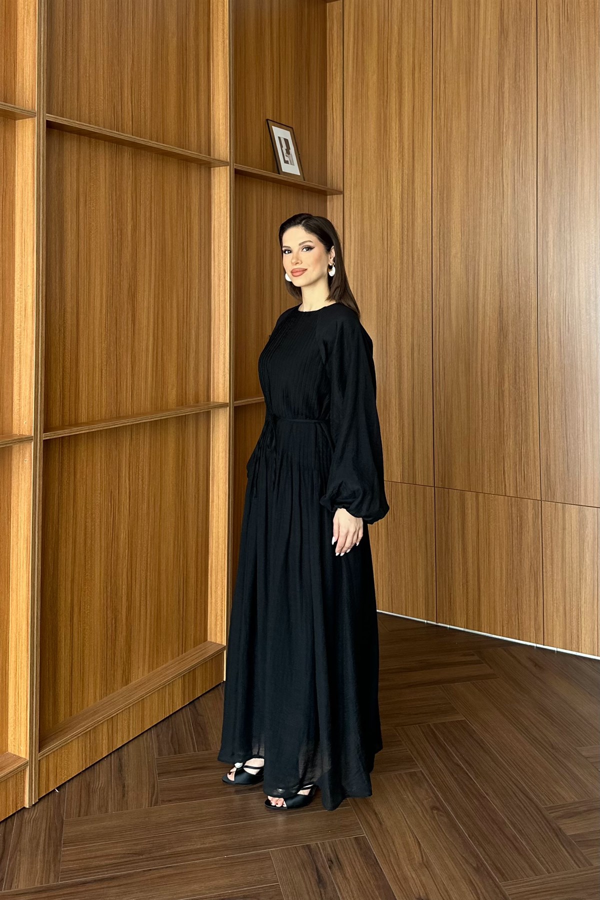 Nervürlü Vual Elbise - SİYAH