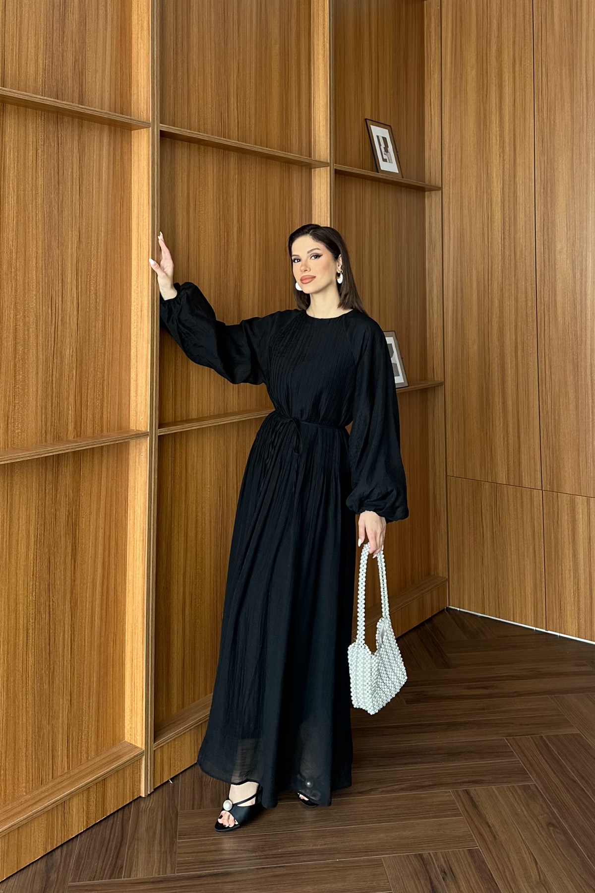 Nervürlü Vual Elbise - SİYAH