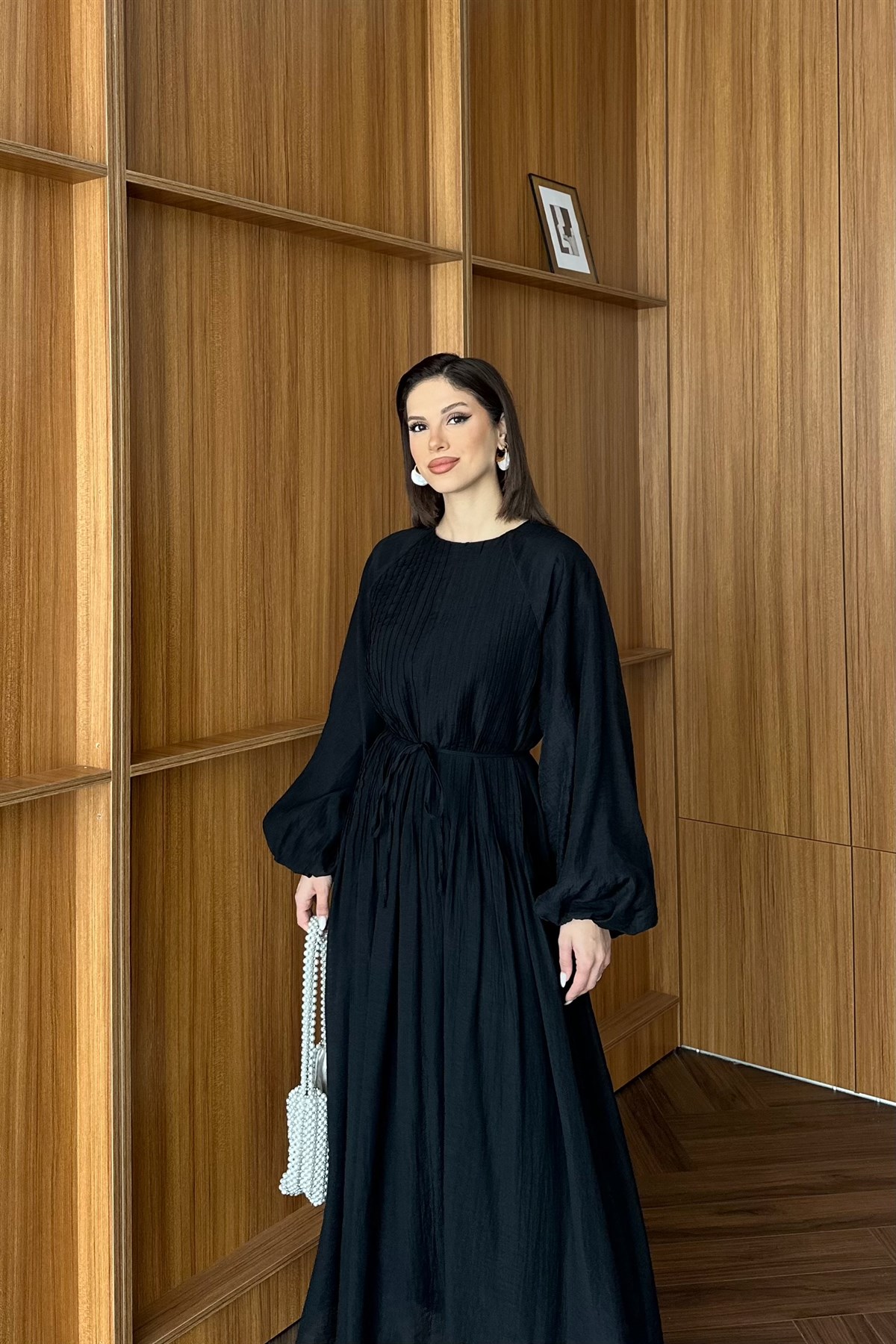 Nervürlü Vual Elbise - SİYAH