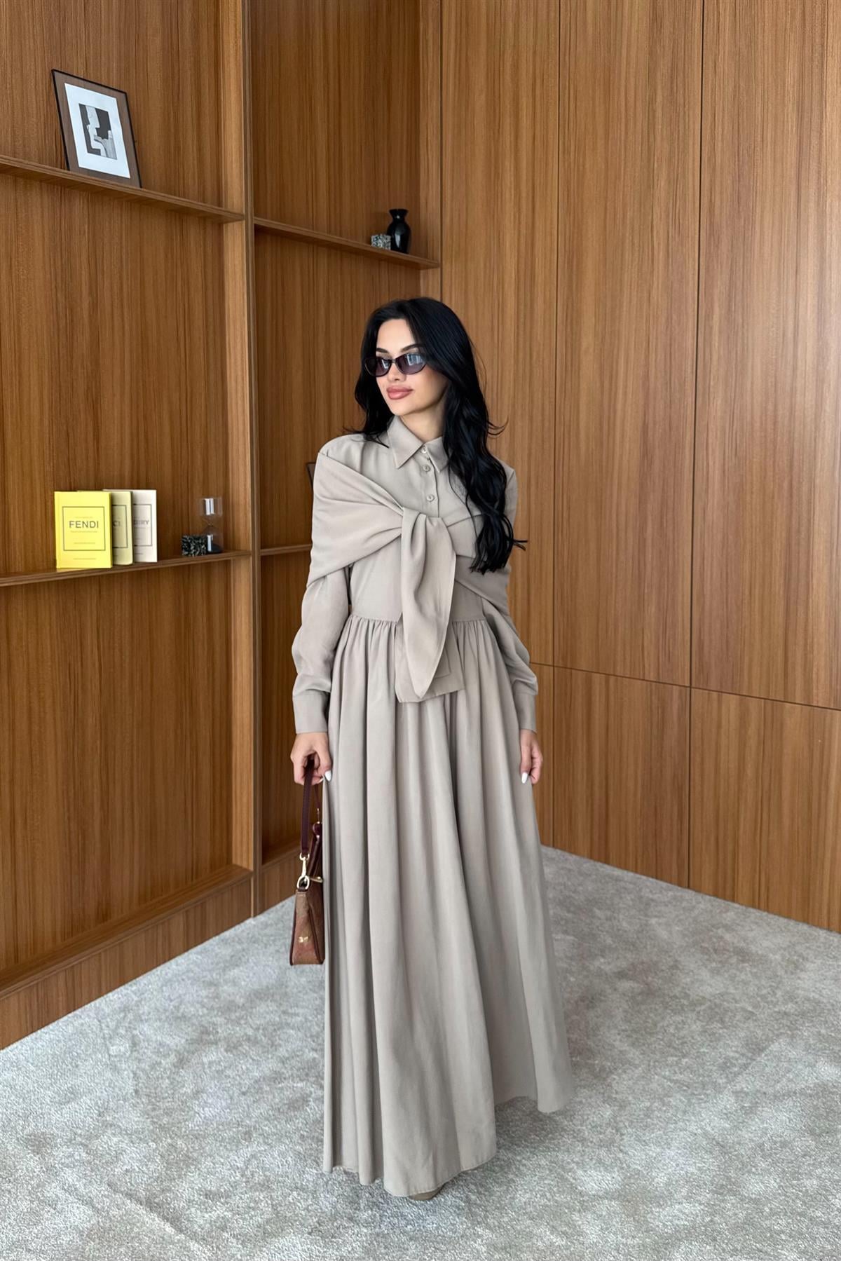 Omuzdan Bağlamalı Tasarım Gömlek Elbise - BEJ