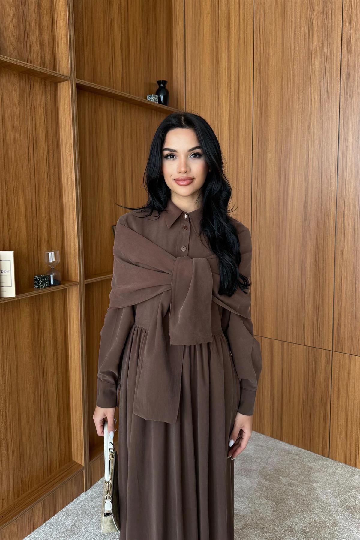 Omuzdan Bağlamalı Tasarım Gömlek Elbise - KAHVERENGİ