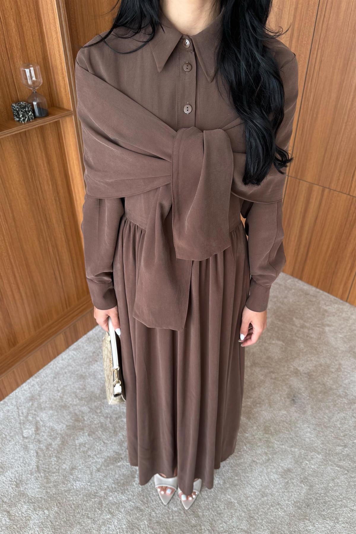 Omuzdan Bağlamalı Tasarım Gömlek Elbise - KAHVERENGİ