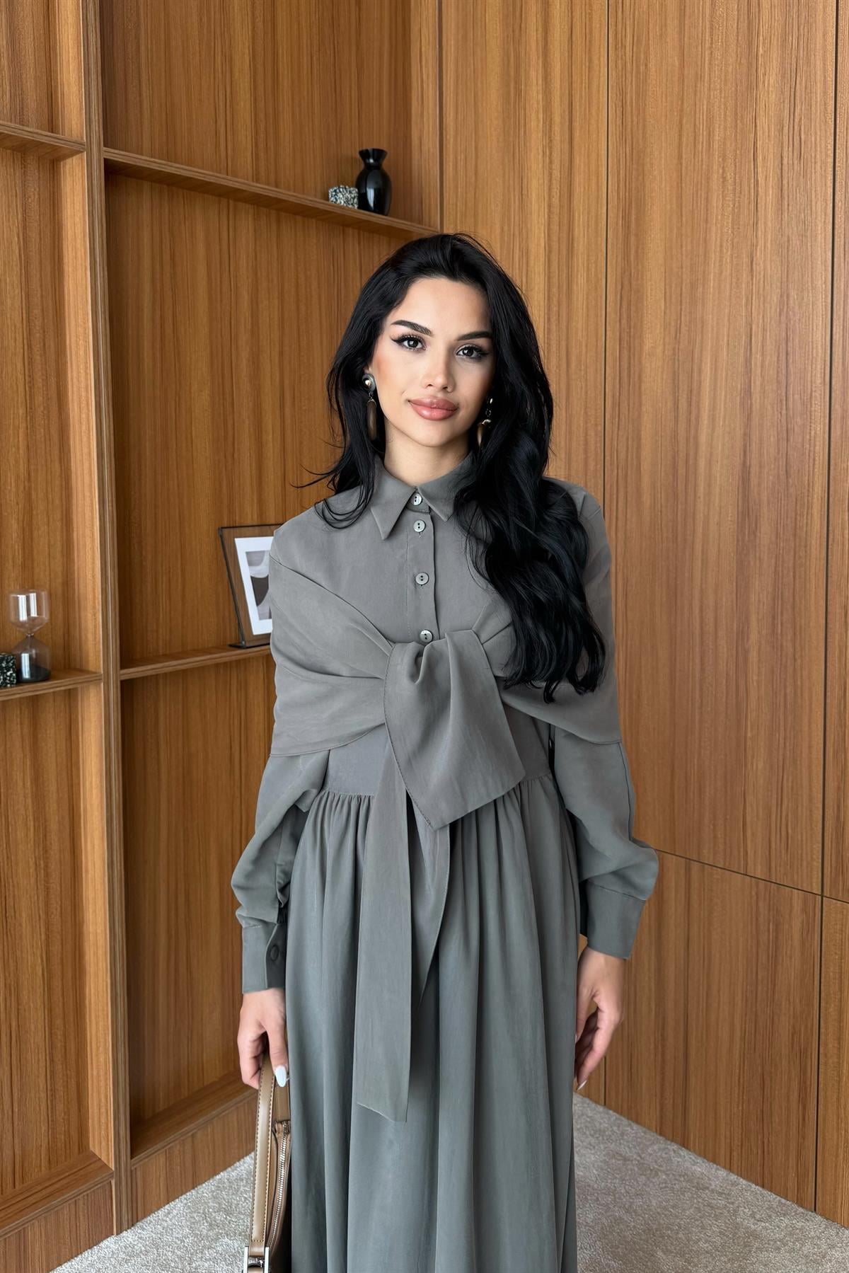 Omuzdan Bağlamalı Tasarım Gömlek Elbise - HAKİ