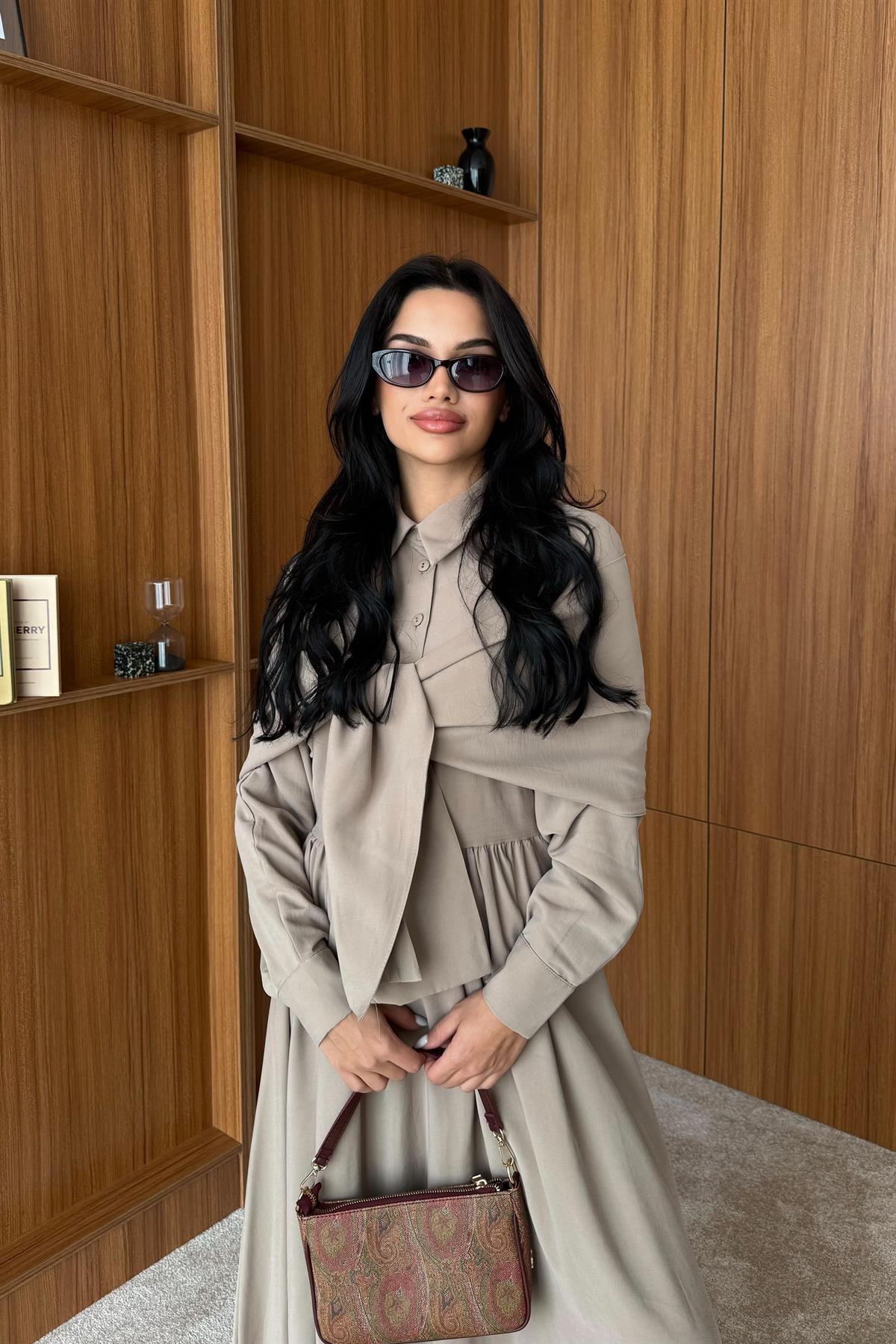 Omuzdan Bağlamalı Tasarım Gömlek Elbise - BEJ