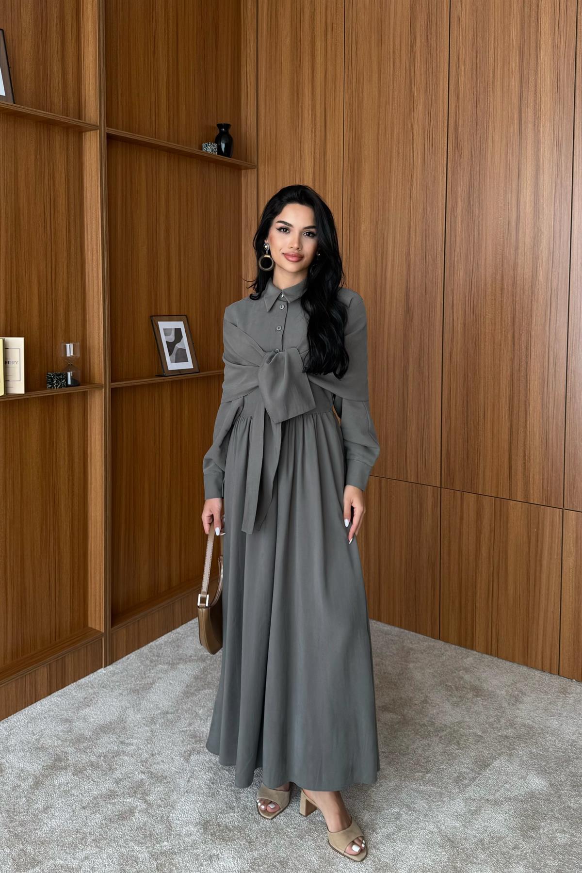 Omuzdan Bağlamalı Tasarım Gömlek Elbise - HAKİ