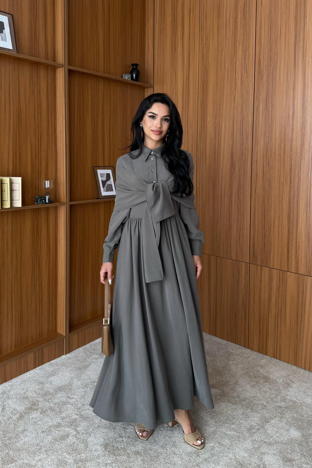 Omuzdan Bağlamalı Tasarım Gömlek Elbise - HAKİ