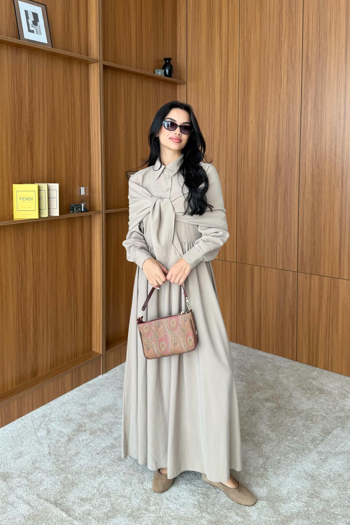 Omuzdan Bağlamalı Tasarım Gömlek Elbise - BEJ