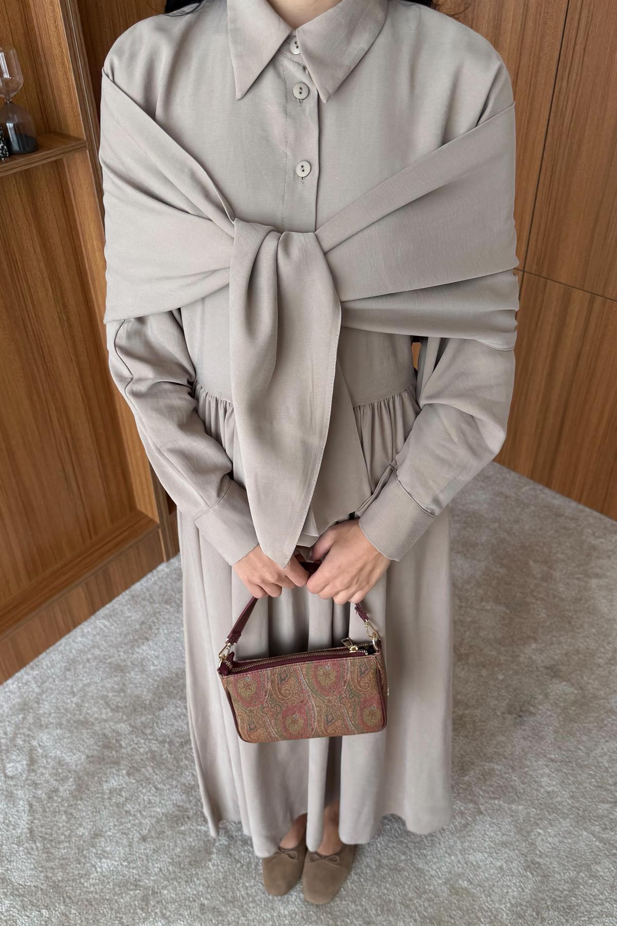 Omuzdan Bağlamalı Tasarım Gömlek Elbise - BEJ