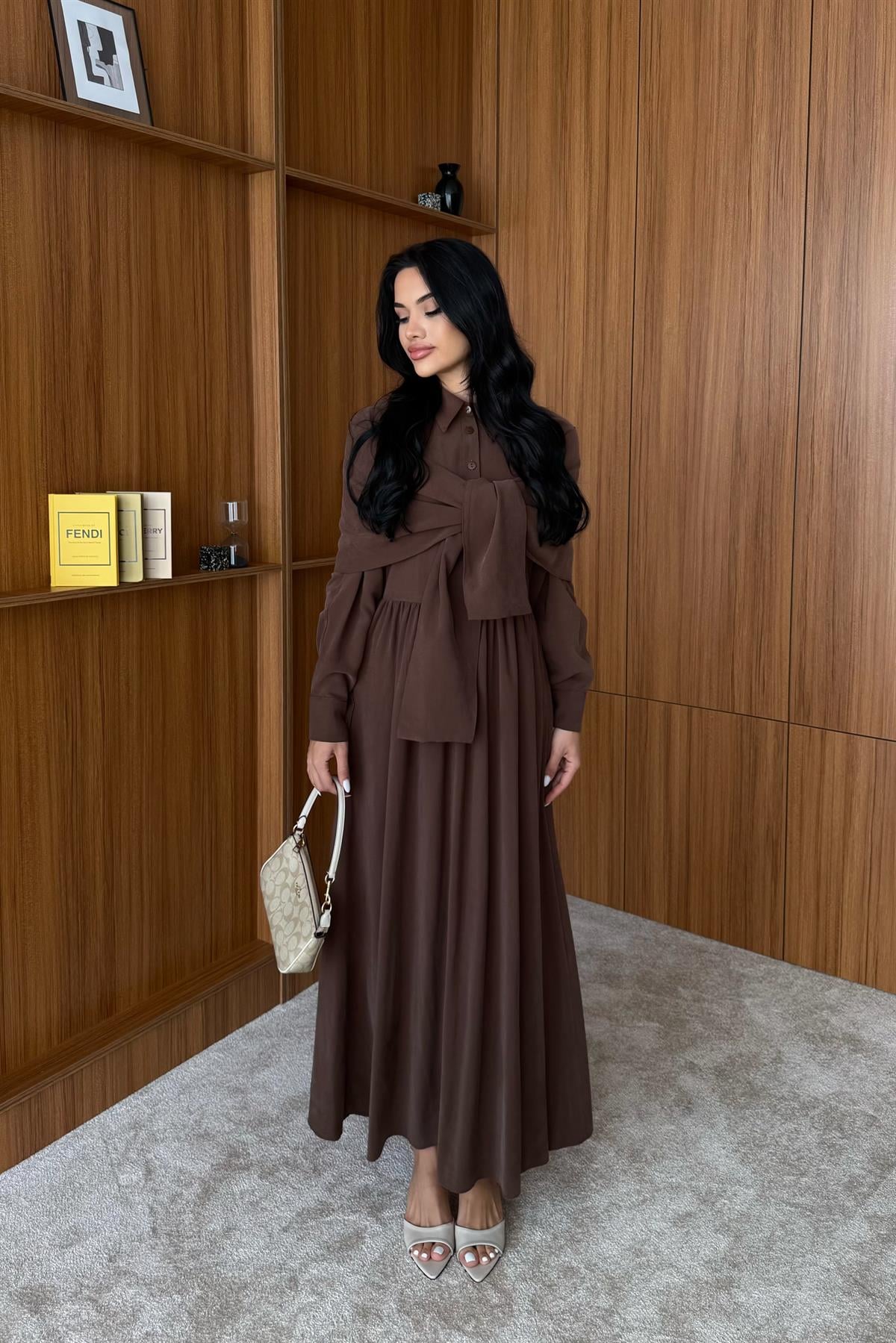 Omuzdan Bağlamalı Tasarım Gömlek Elbise - KAHVERENGİ