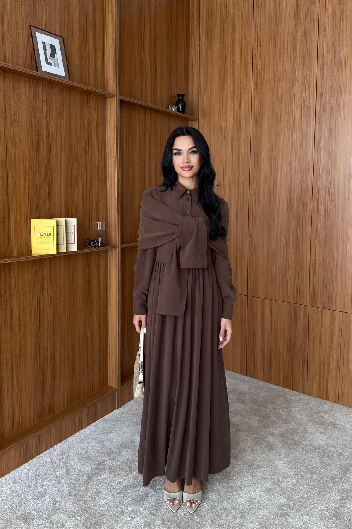 Omuzdan Bağlamalı Tasarım Gömlek Elbise - KAHVERENGİ