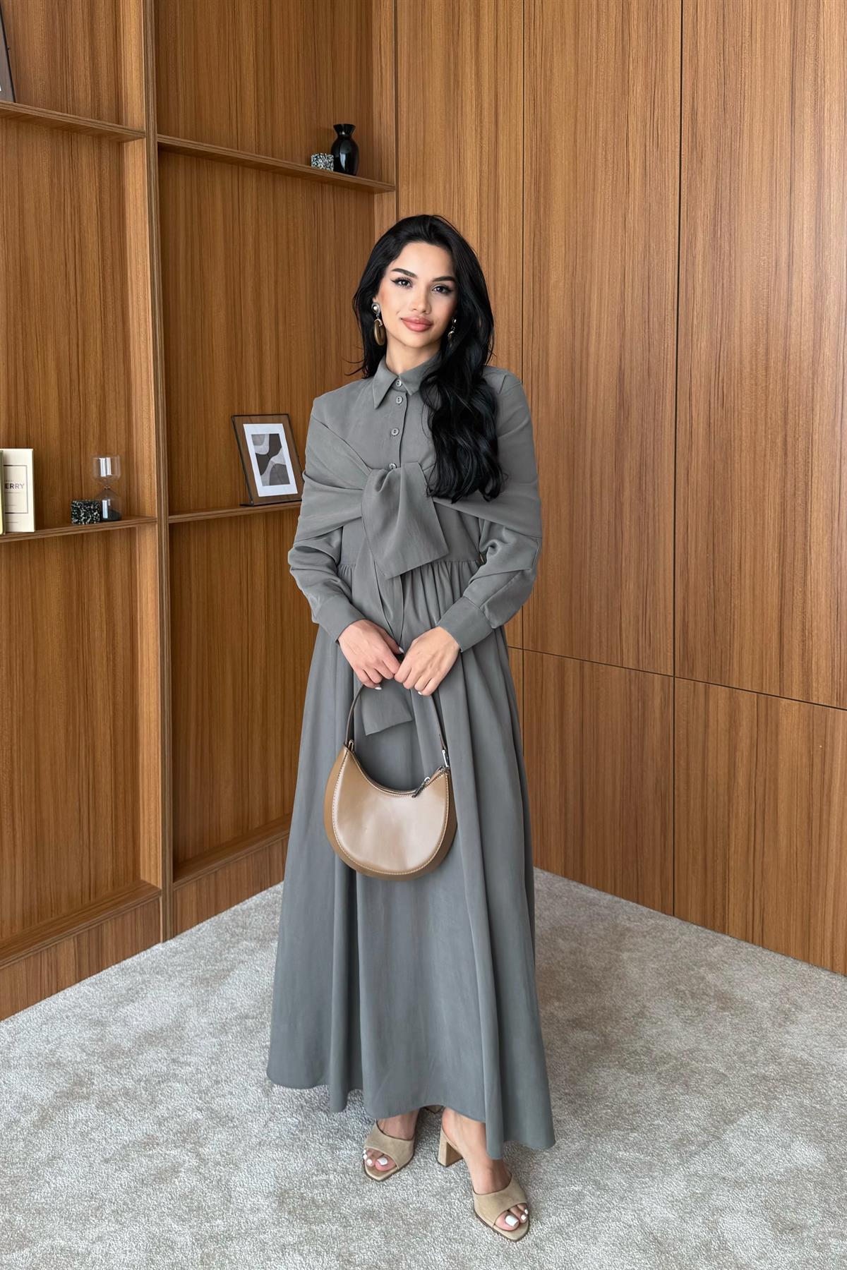 Omuzdan Bağlamalı Tasarım Gömlek Elbise - HAKİ