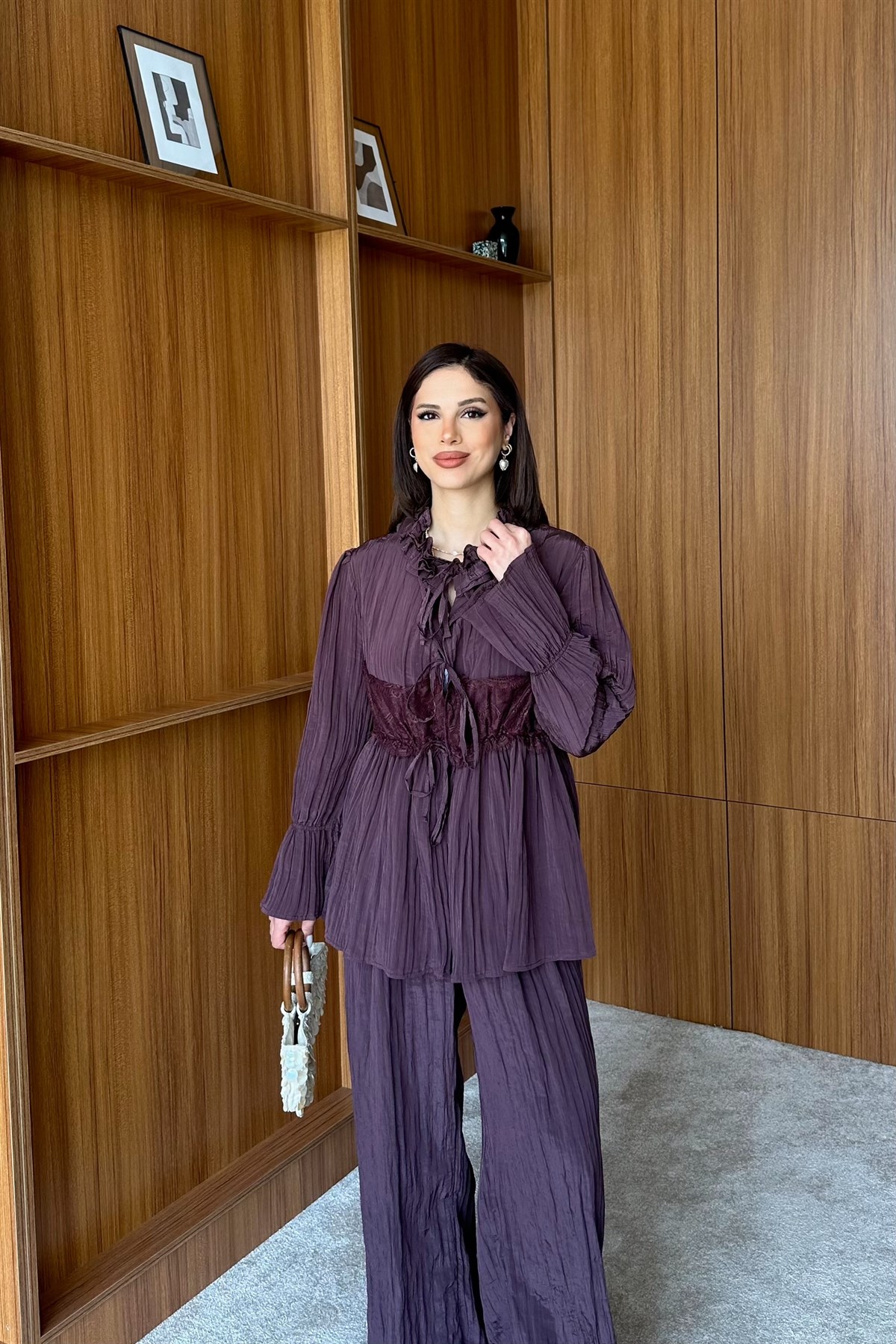 Önden Bağlamalı Pantolon Takım - BORDO
