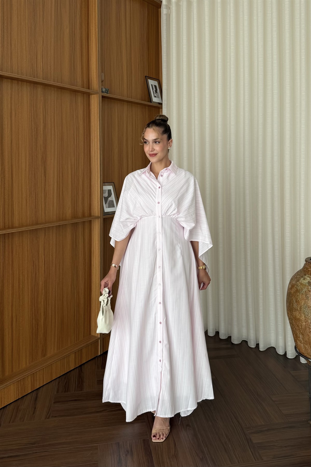 Pelerinli Çizgili Elbise - PEMBE