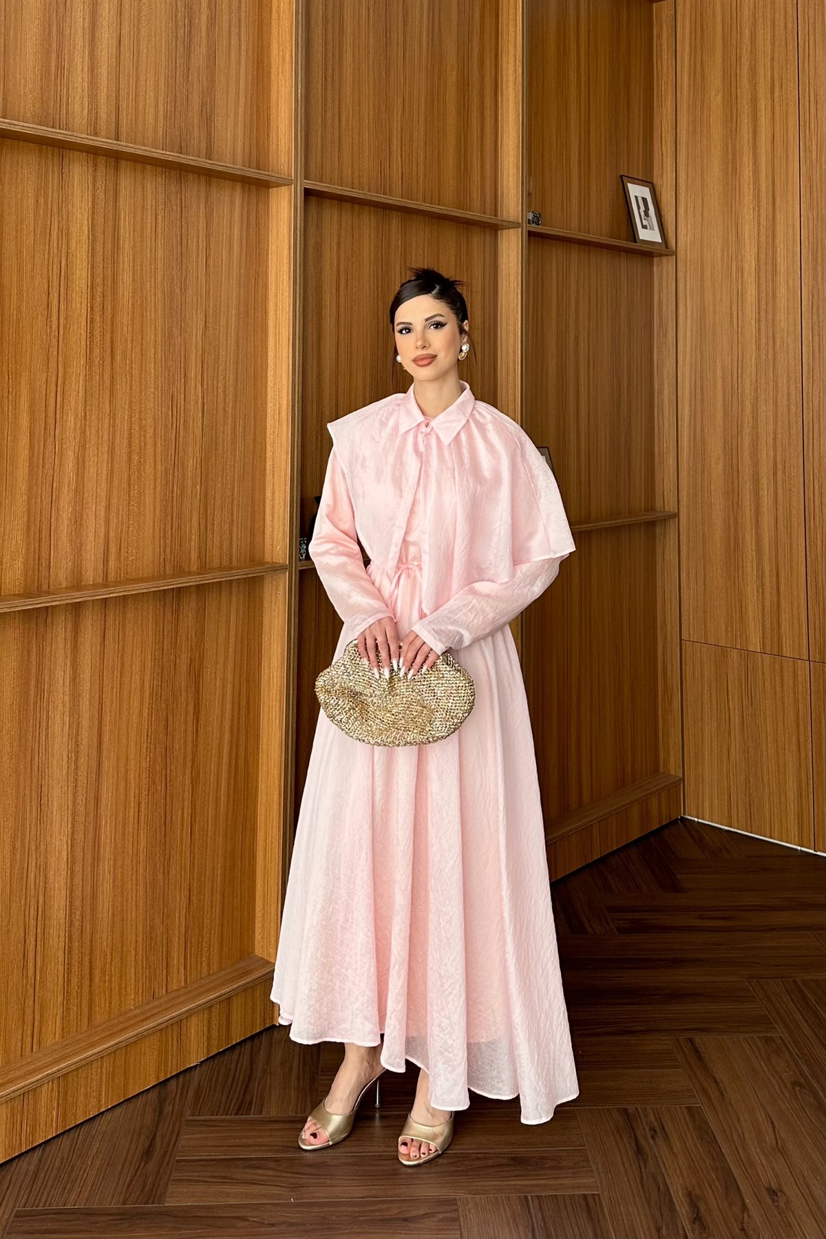 Pelerinli Vual Elbise - PEMBE