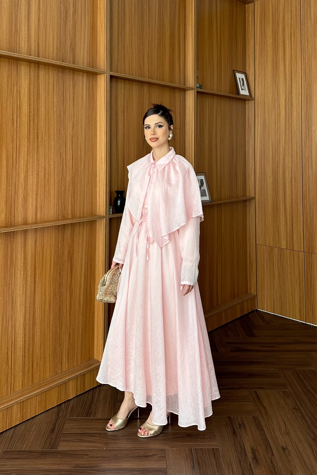 Pelerinli Vual Elbise - PEMBE