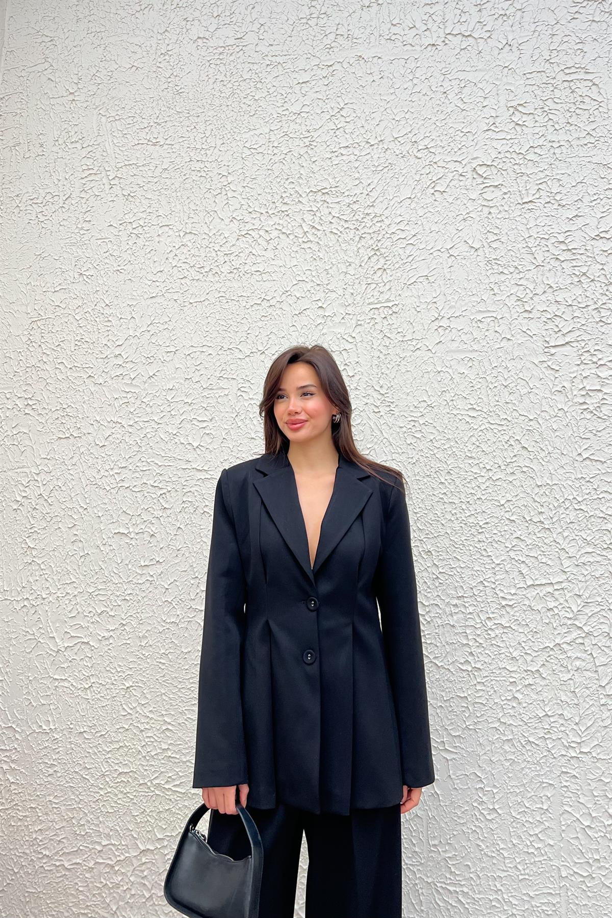 Pileli Blazer Pantolon Takım - SİYAH