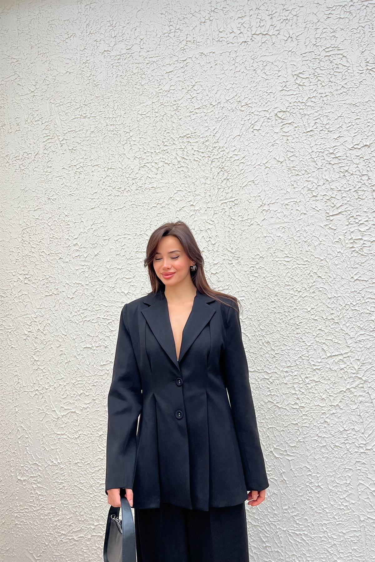 Pileli Blazer Pantolon Takım - SİYAH