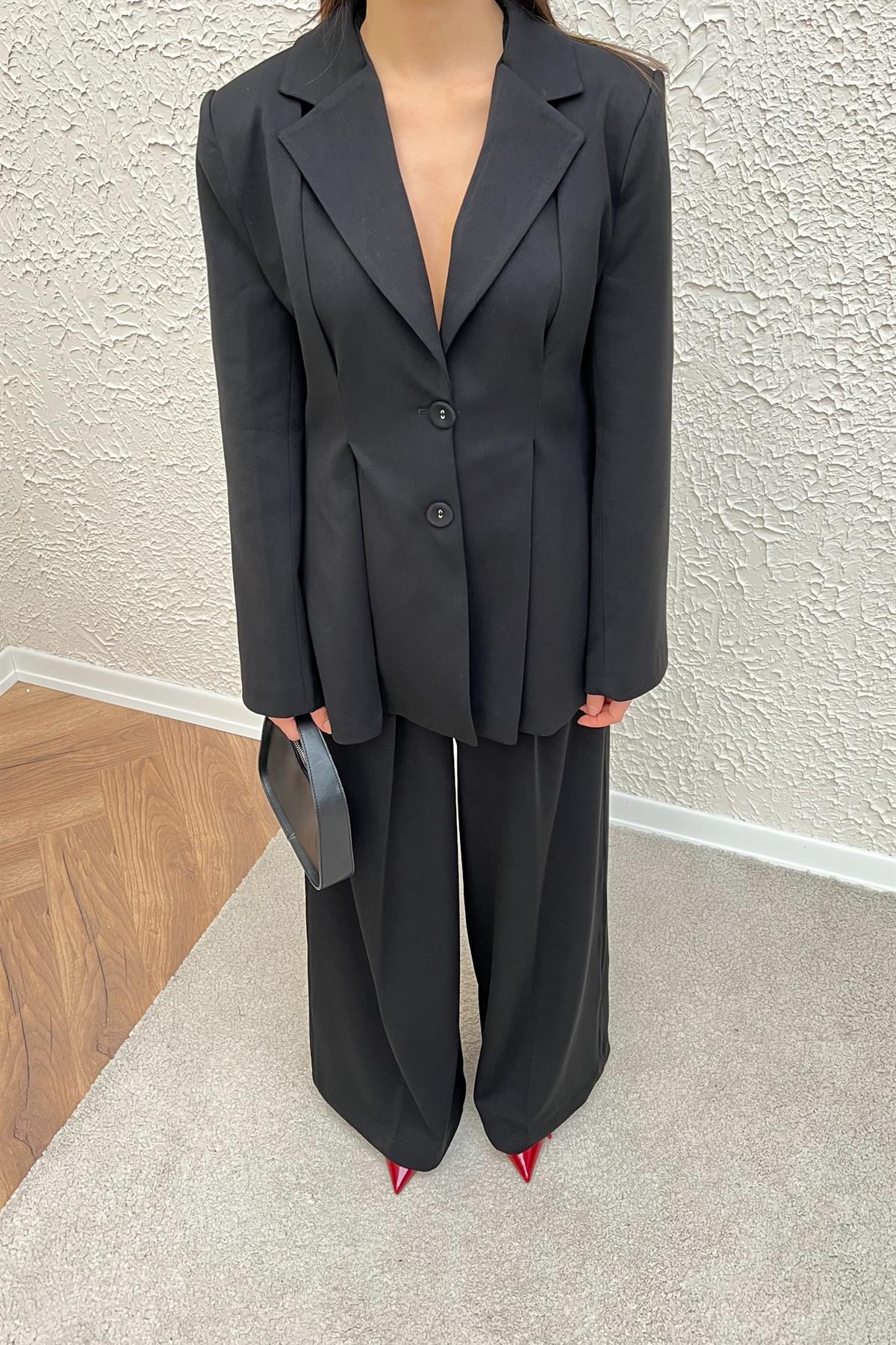 Pileli Blazer Pantolon Takım - SİYAH