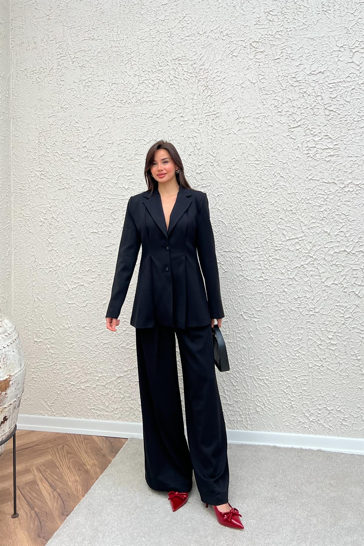Pileli Blazer Pantolon Takım - SİYAH