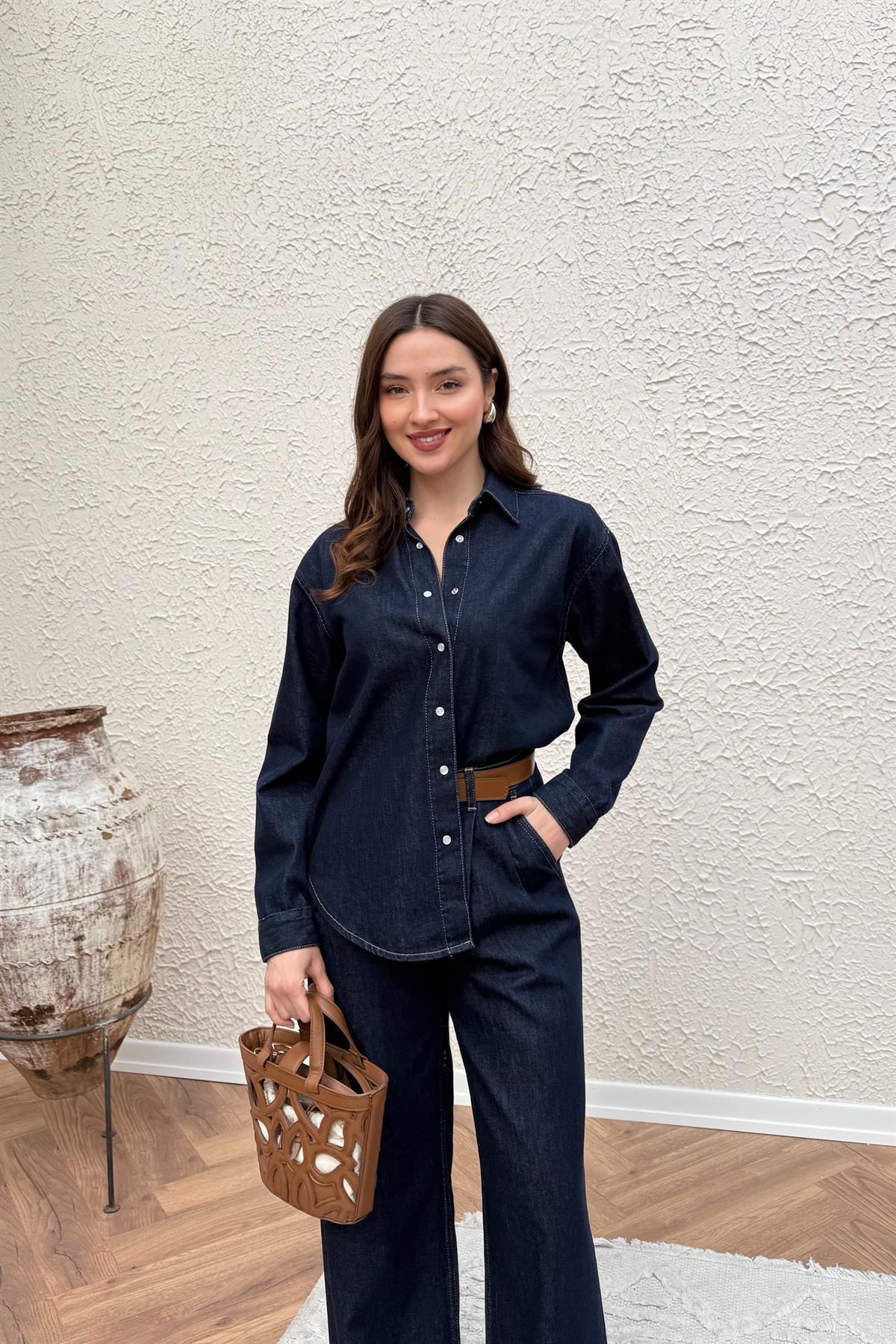 Pileli Denim Takım - LACİVERT