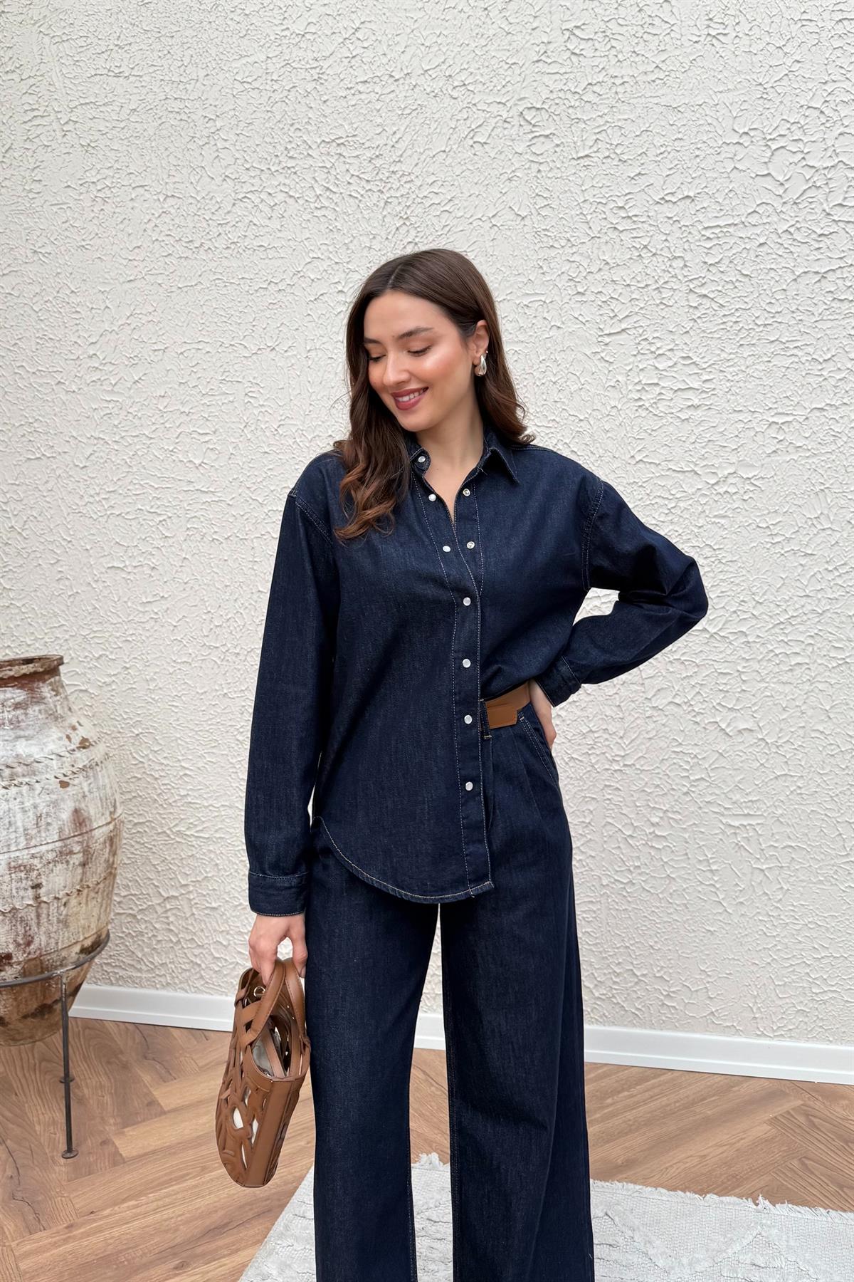 Pileli Denim Takım - LACİVERT