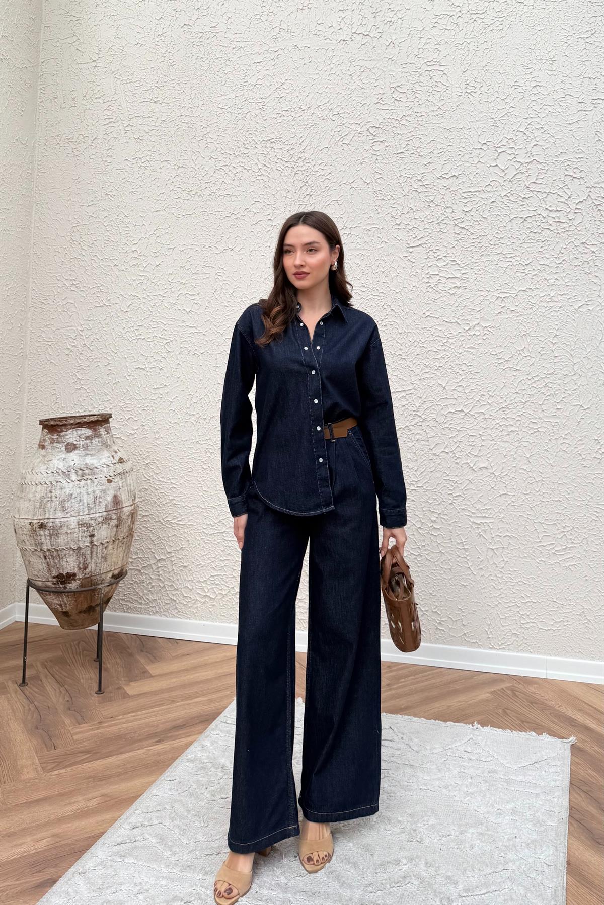 Pileli Denim Takım - LACİVERT