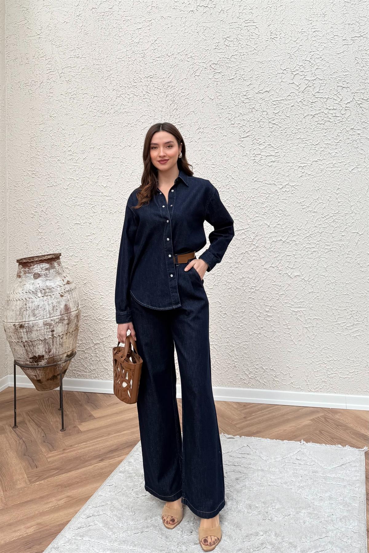 Pileli Denim Takım - LACİVERT