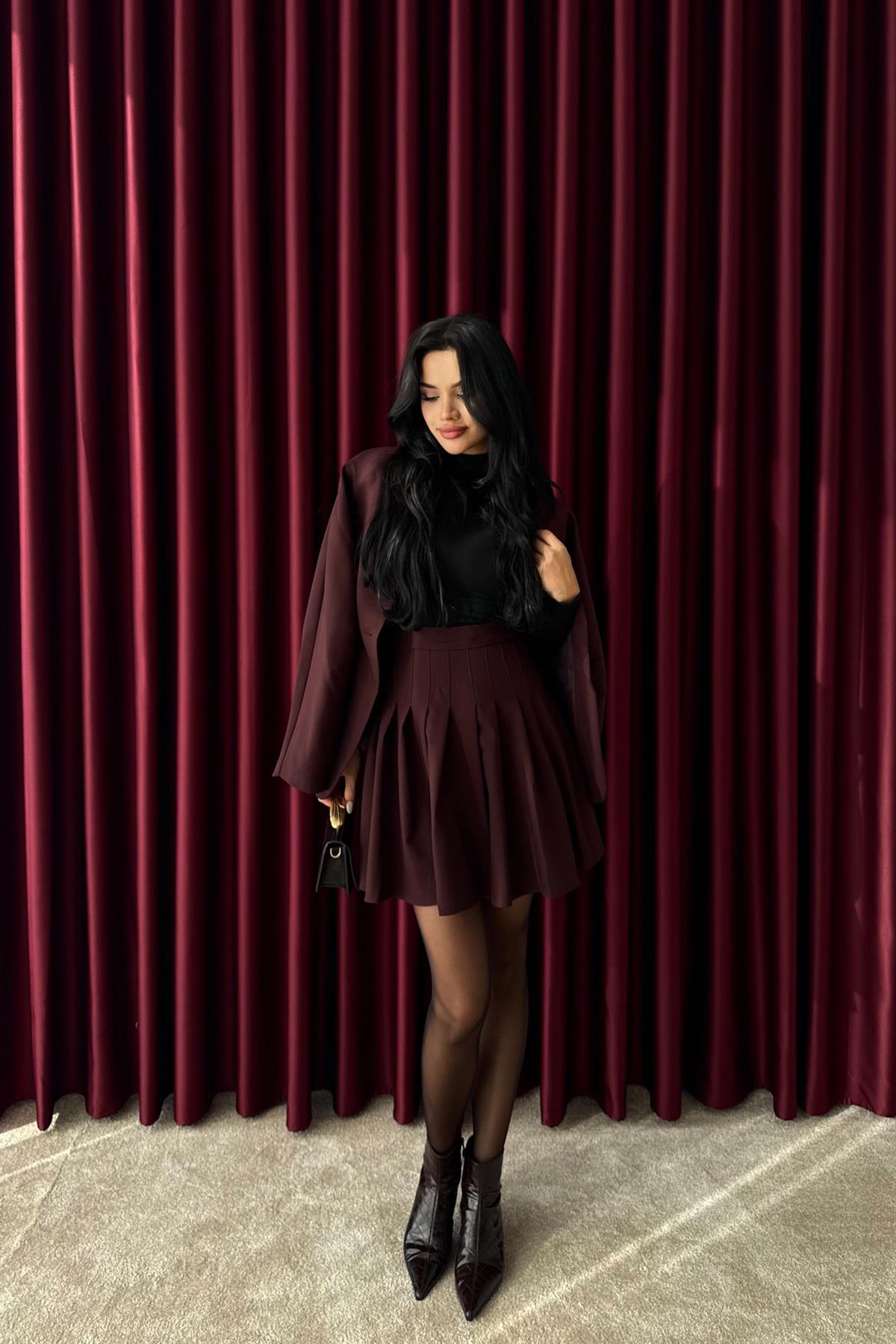 Pileli Mini Etek - BORDO